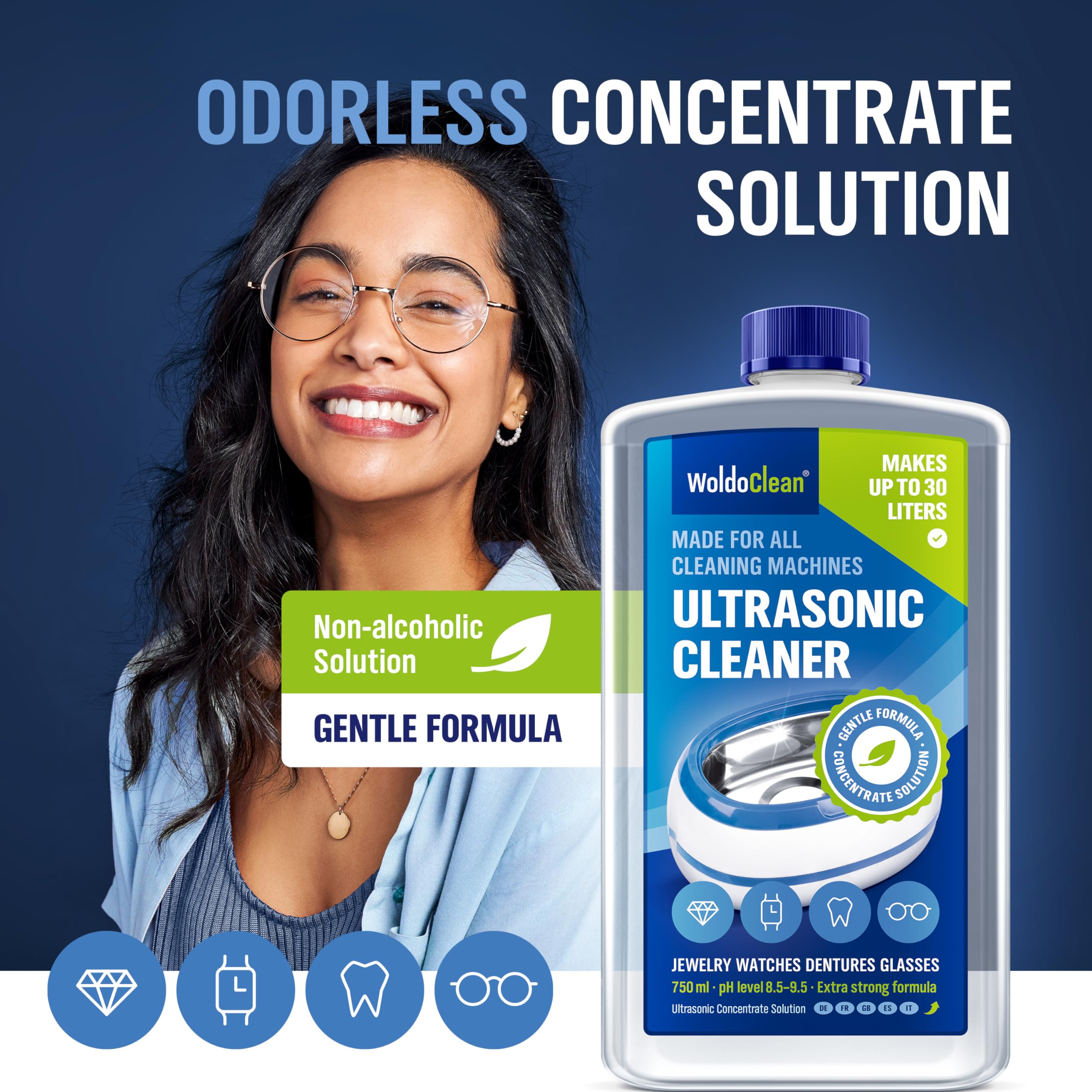 Detergente a ultrasuoni concentrato 2x 750ml per occhiali e gioielli - sufficienti per 60 litri di soluzione detergente