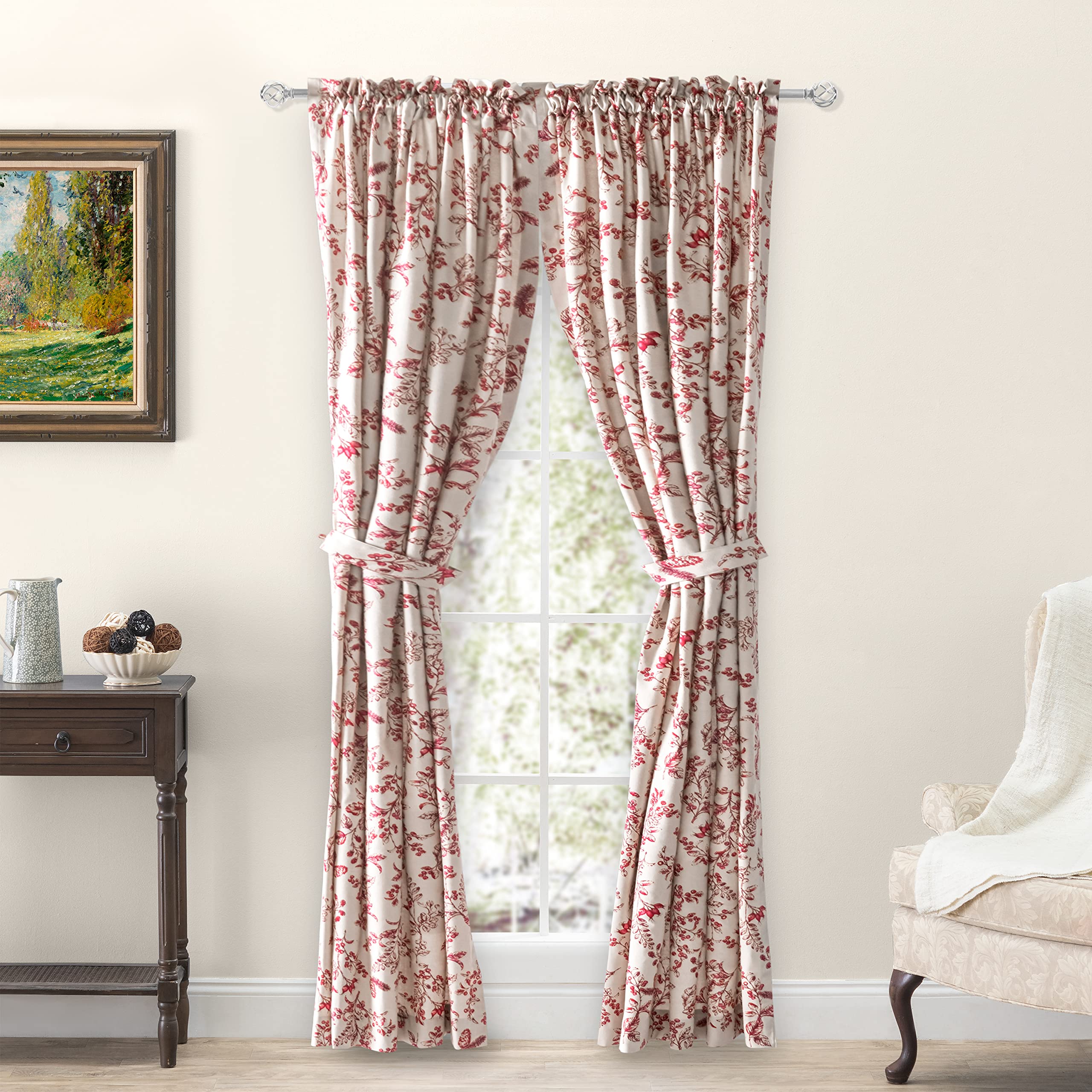 Waverly Gardens Tailored Panel Pair w/ Tiebacks | 72" L X 42" W per Panel | Garnet | Farmhouse Curtains | Light-Filtering | Vibrant Leaf Design | Soft Cotton | Livingroom Drapes | Machine Washable