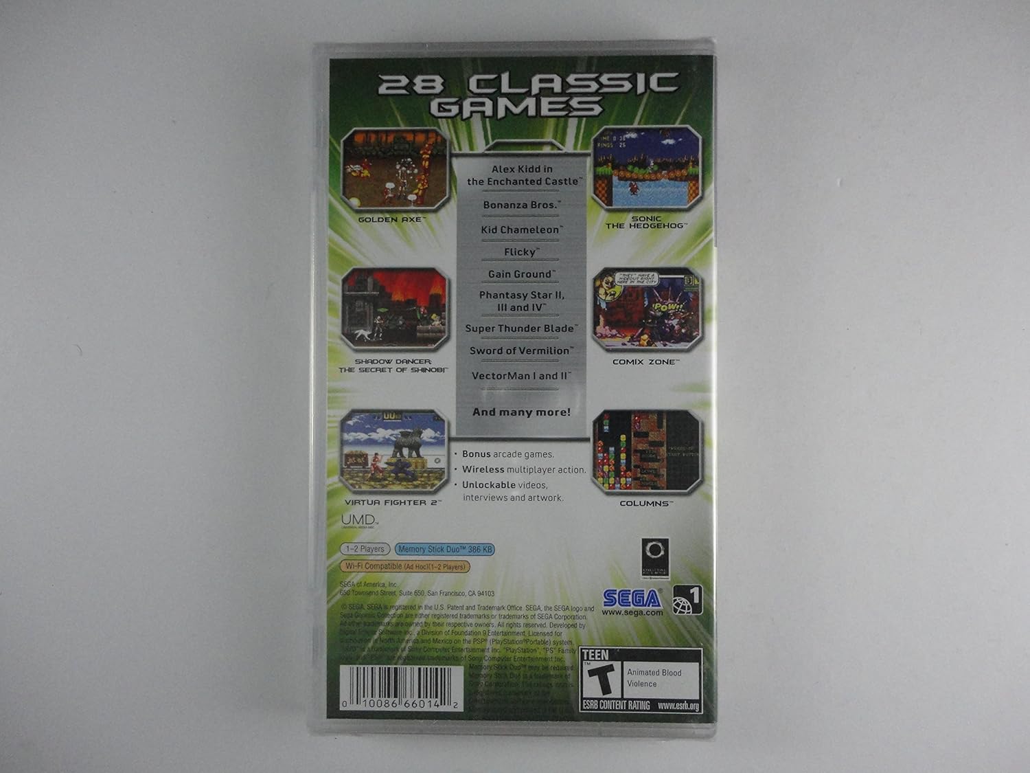 Back cover of SEGA Genesis Collection for Sony PSP, showing game list and features