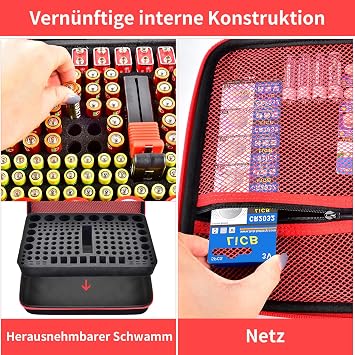 Battery Storage Case and Organizer with Tester for 162+ AA AAA 4A, C, D, 9V, 3V Lithium LR44, CR2, CR123, CR1632, CR2032, 18650, Batteries Not Included, Red -, Battery Tester