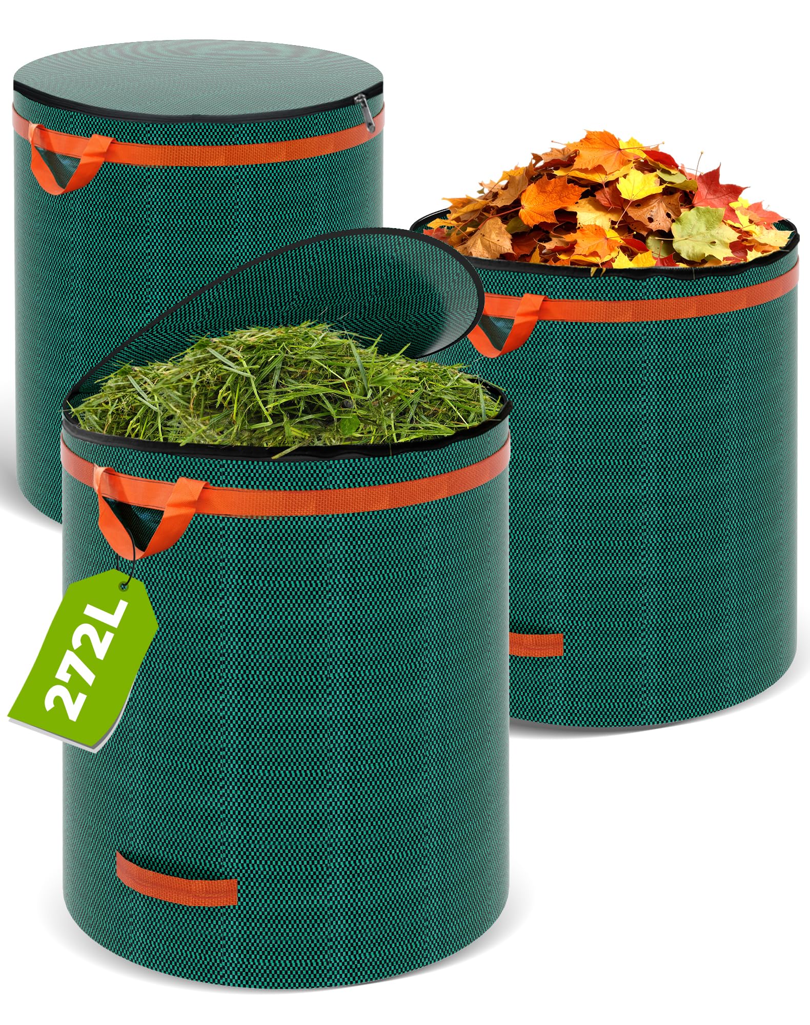 LAOYE 3x Gartenabfallsack Stabil mit Deckel 272L Laubsack Groß Gartensack Selbststehend Grünschnittsack Grünabfallsäcke Garten Abfallsack für Laub Rasen