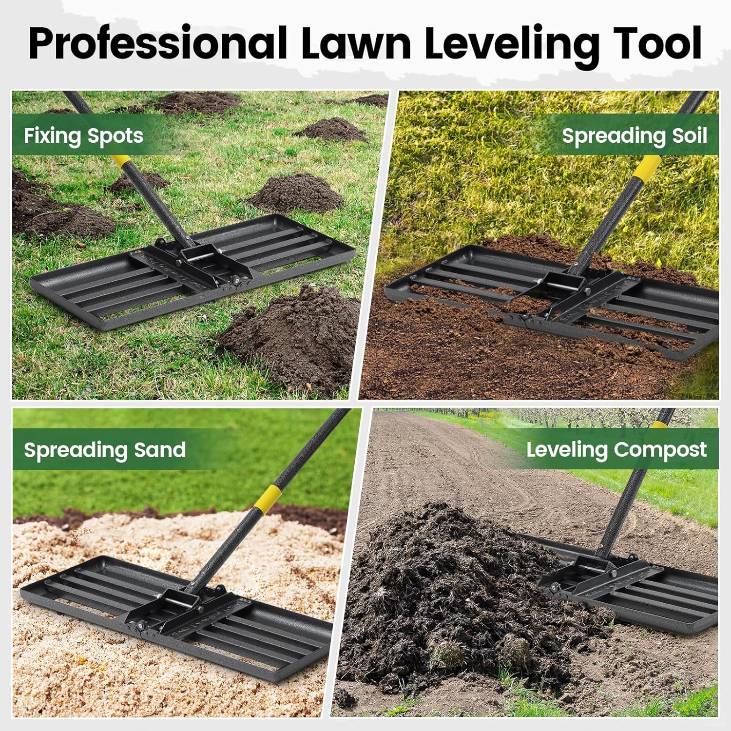 Lawn Leveling Rake with 30"x10" Foldable Curved Ground Plate, Heavy Duty 72" Long Handle Lawn Leveler Tool for Leveling Compost Soil Dirt Sand Grass Peat Moss
