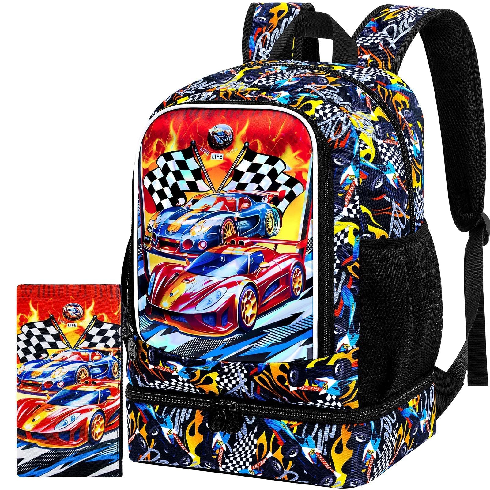2-in-1 Cars Backpack for Boys, 17" School Bookbag with Lunch Box, Kids Racing Backpacks Set for Elementary Preschool Kindergarten (Red)