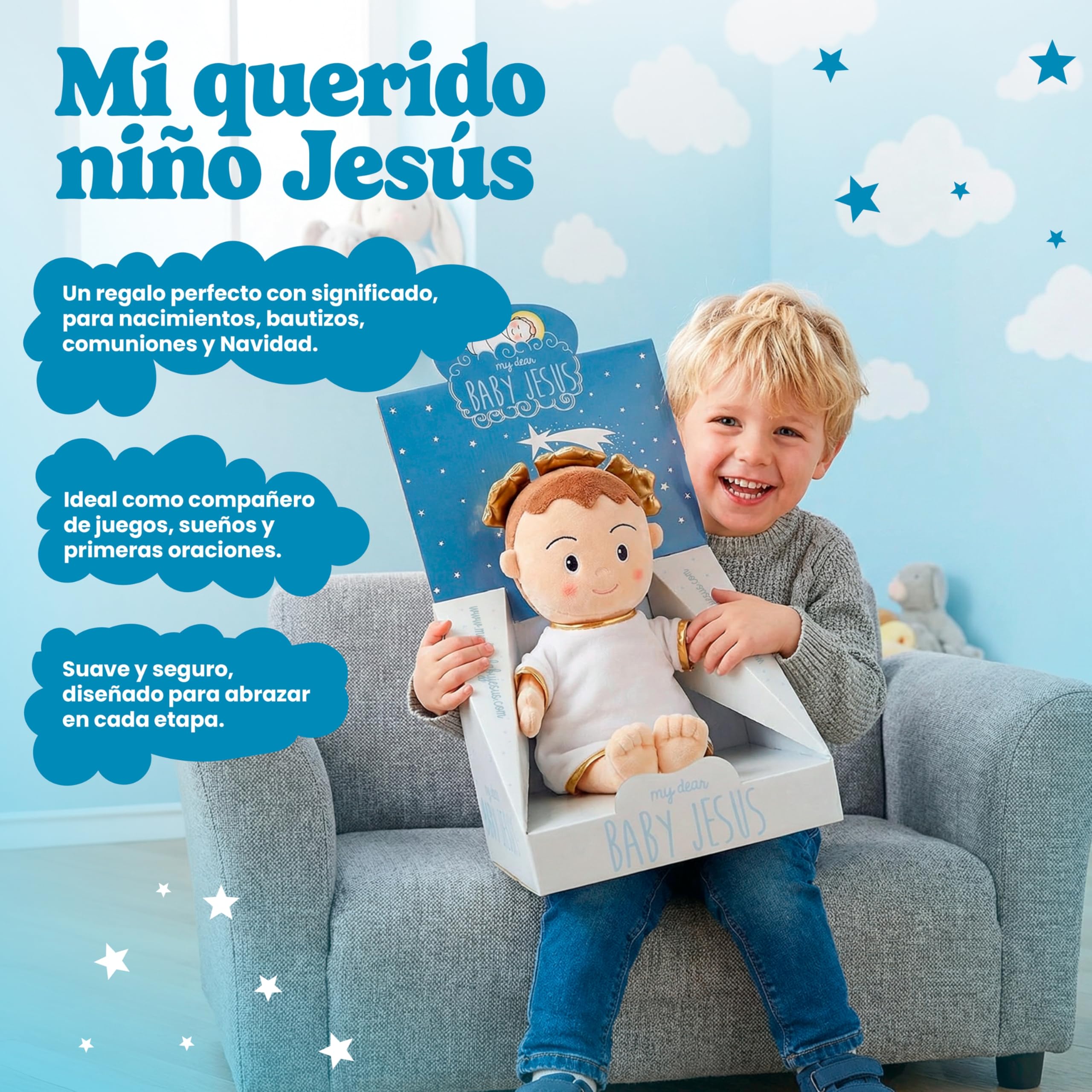 Peluche Niño Jesús 40 cm para Bebé y Niños, Suave y Achuchable para Dormir Rezar y Jugar, Regalo Original Bautizo Nacimiento Navidad, Hipoalergénico Fabricado en España