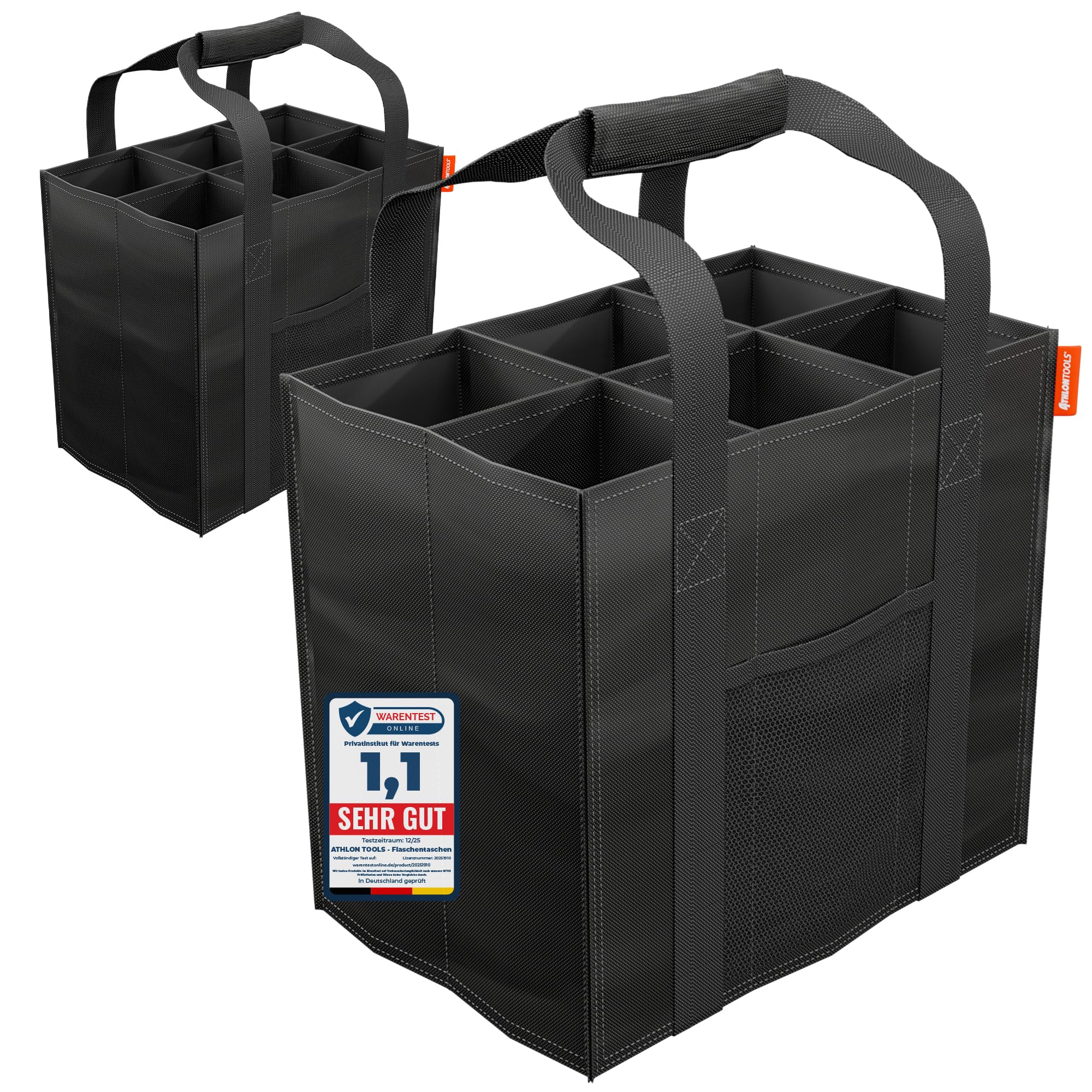 ATHLON TOOLS Flaschentaschen 2er Set 6 Fächer je 1,5L – Faltbare, Wasserabweisende Einkaufstaschen mit Trennwänden und Griffen – Flaschenträger für Wasser, Wein & Bier – Schwarz