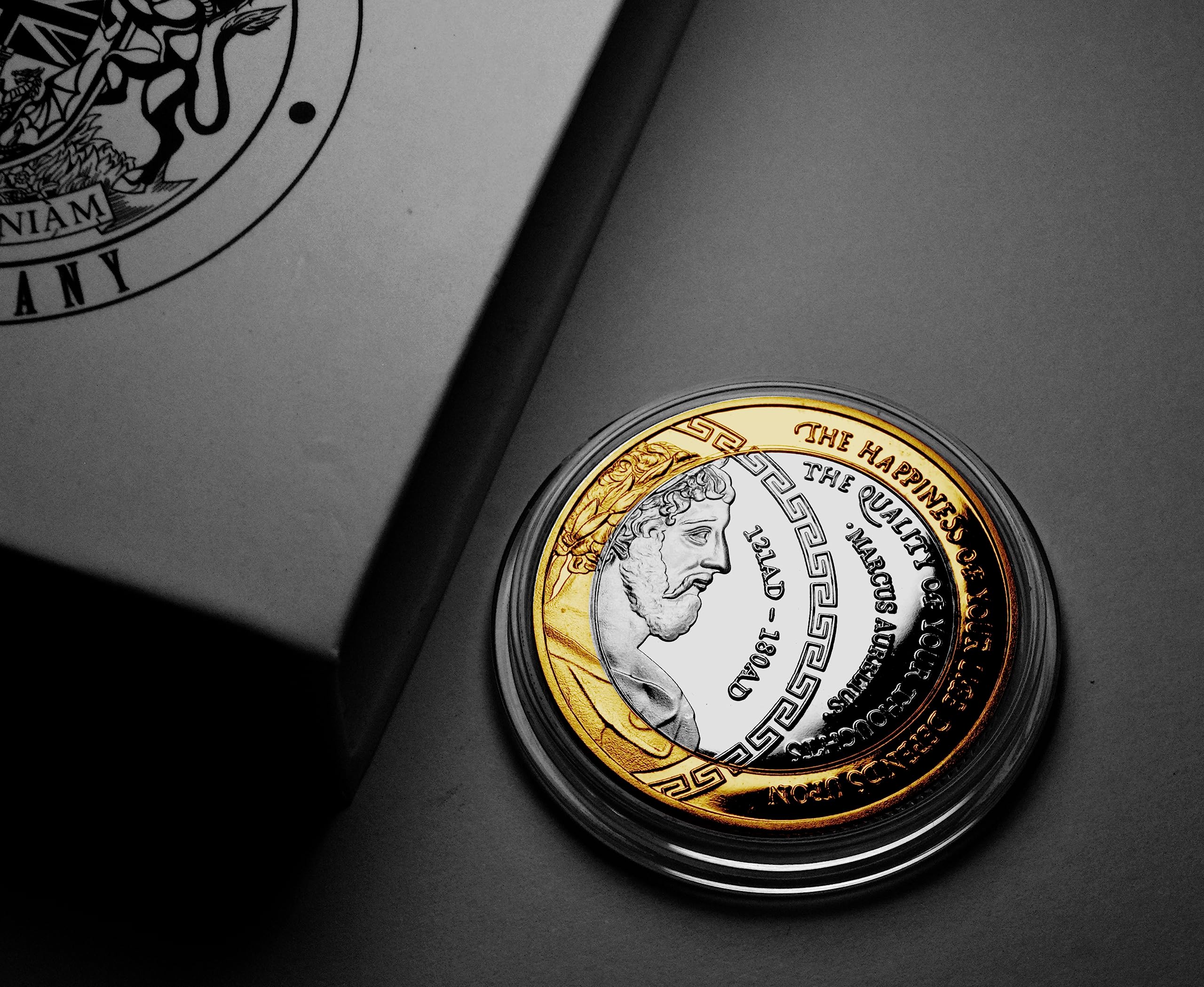 The Commemorative Coin Company Marcus Aurelius Stoic/Stoicism Dual Metal Silver & 24ct Gold Commemorative Coin. Gift/Presentation Box. Gift/Present Token/Memento
