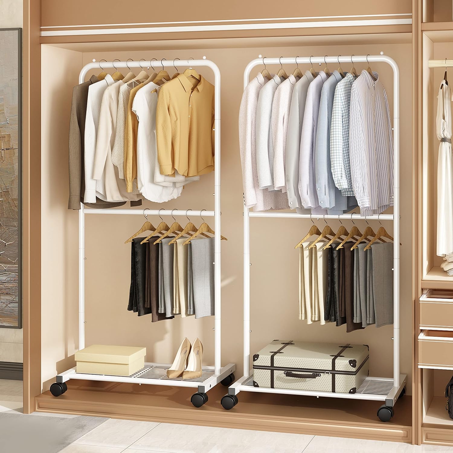 Simple Trending-Double Rod Clothing Garment Rack, Rolling Clothes Organizer on Wheels for Hanging Clothes, White