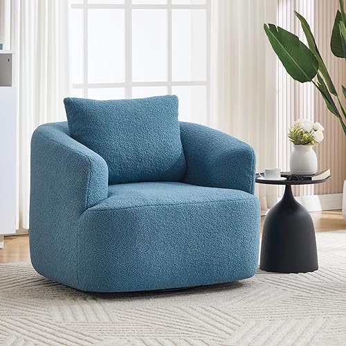 Swivel Accent Chair, 360°Blue Accent Chairs with Armrest, 37.4W Comfy Armchair Teddy Velvet with Upholstered Cushion,Barrel Chair for Living Room Furniture, Bedroom, Office
