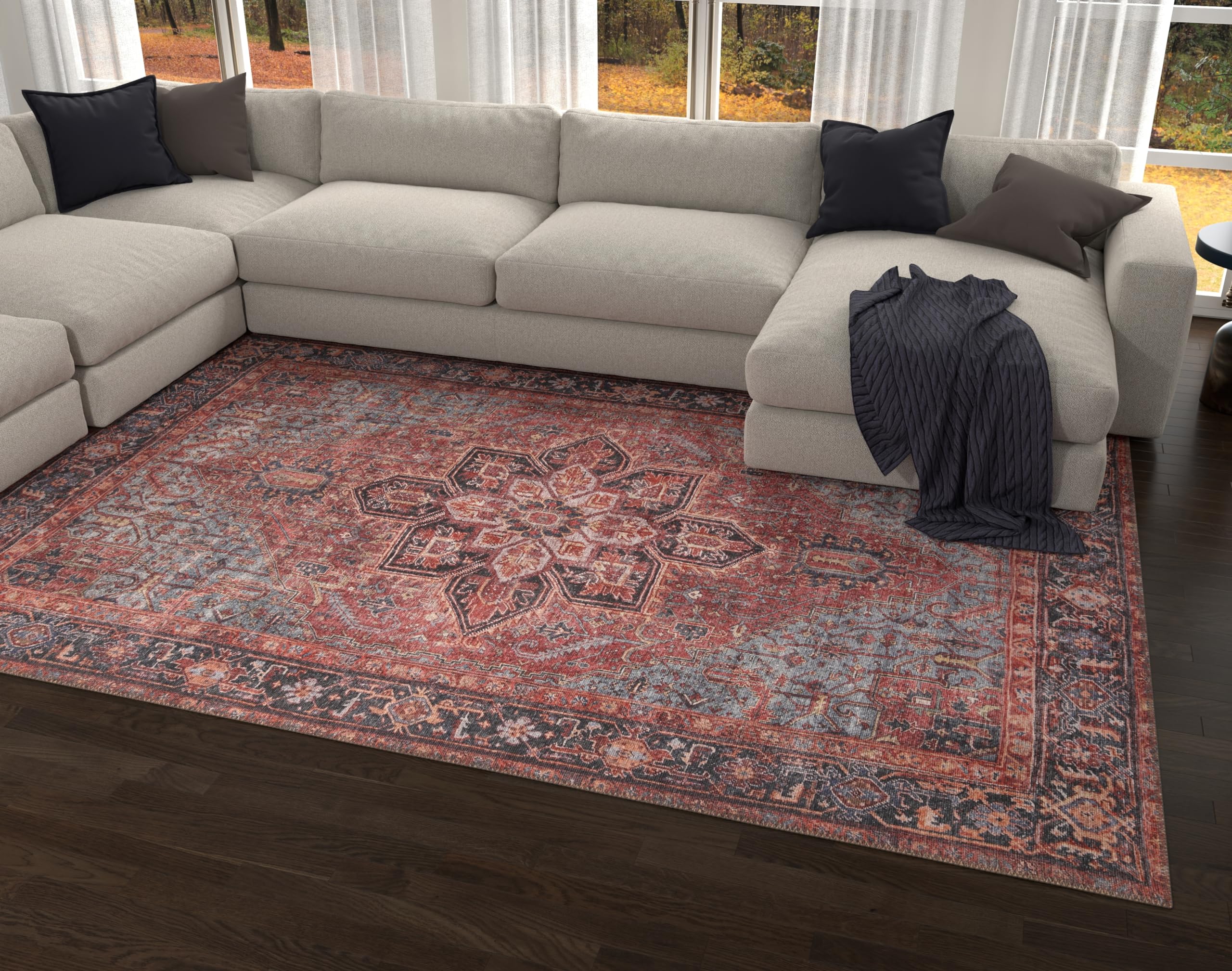 New Home Lana Bohemian Medallion Machine Washable Area Rug - Red 10' x 14'