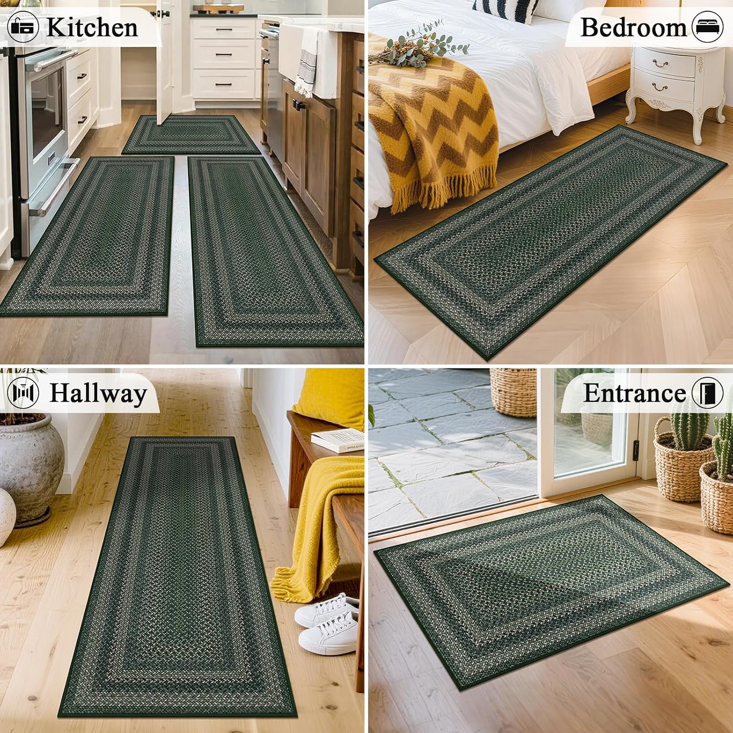 HEBE Washable Kitchen Rugs Sets of 3, Non Slip Absorbent Kitchen Rugs and Mats, Farmhouse Stain Resistant Faux Jute Kitchen Mat Carpet Runner for Kitchen Floor, Laundry Room, Hallway, Dark Green