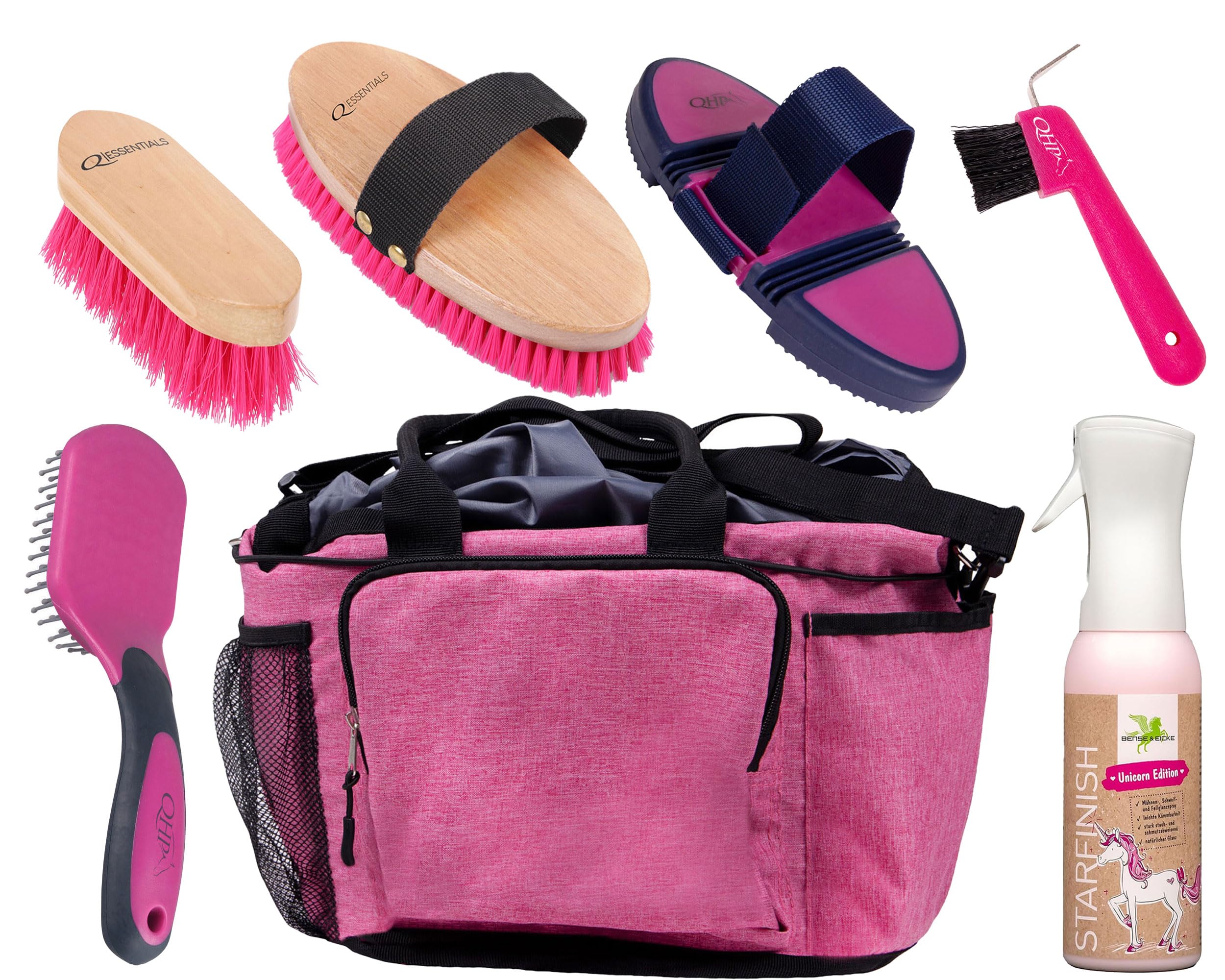 QHP Pferde-Pflegeset mit Putztasche – Shine in Pink - Komplettes Pflegeset für die tägliche Pferdepflege