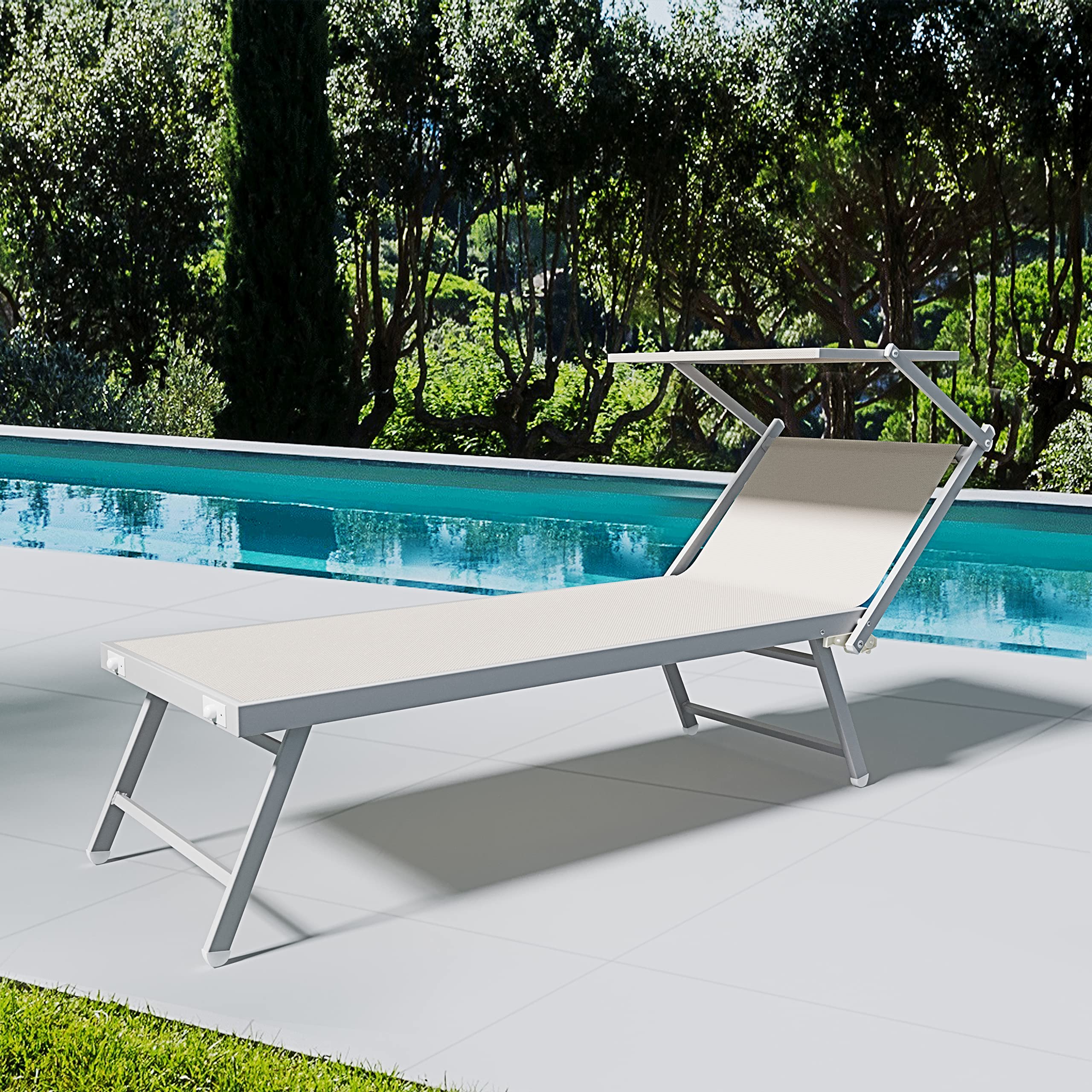 Arreditaly Lettini Prendisole Pieghevole Professionale Alluminio Tessuto Textilene 720 gr/m² Tettuccio Orientabile Parasole Sdraio Prendi Sole Mare Spiaggia Piscina 182 x 60 x 38 cm (2, Beige)