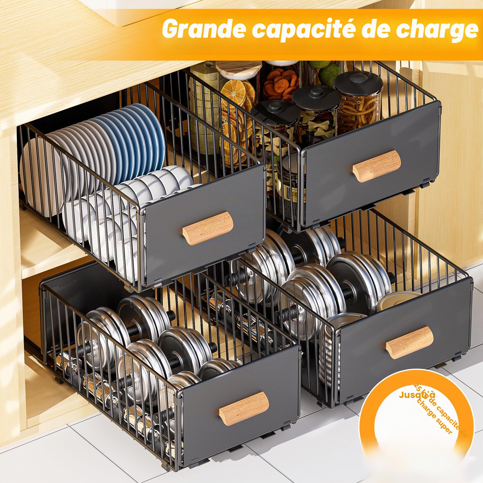 Paquet de 2 Tiroir Coulissant Cuisine Adhesif, Organisateur de Tiroirs | Bac Coulissant Placard Cuisine, Organisateur D'Armoires De Cuisine Pour Armoires de Cuisine, Aucun PerçAge ni Clouage Requis