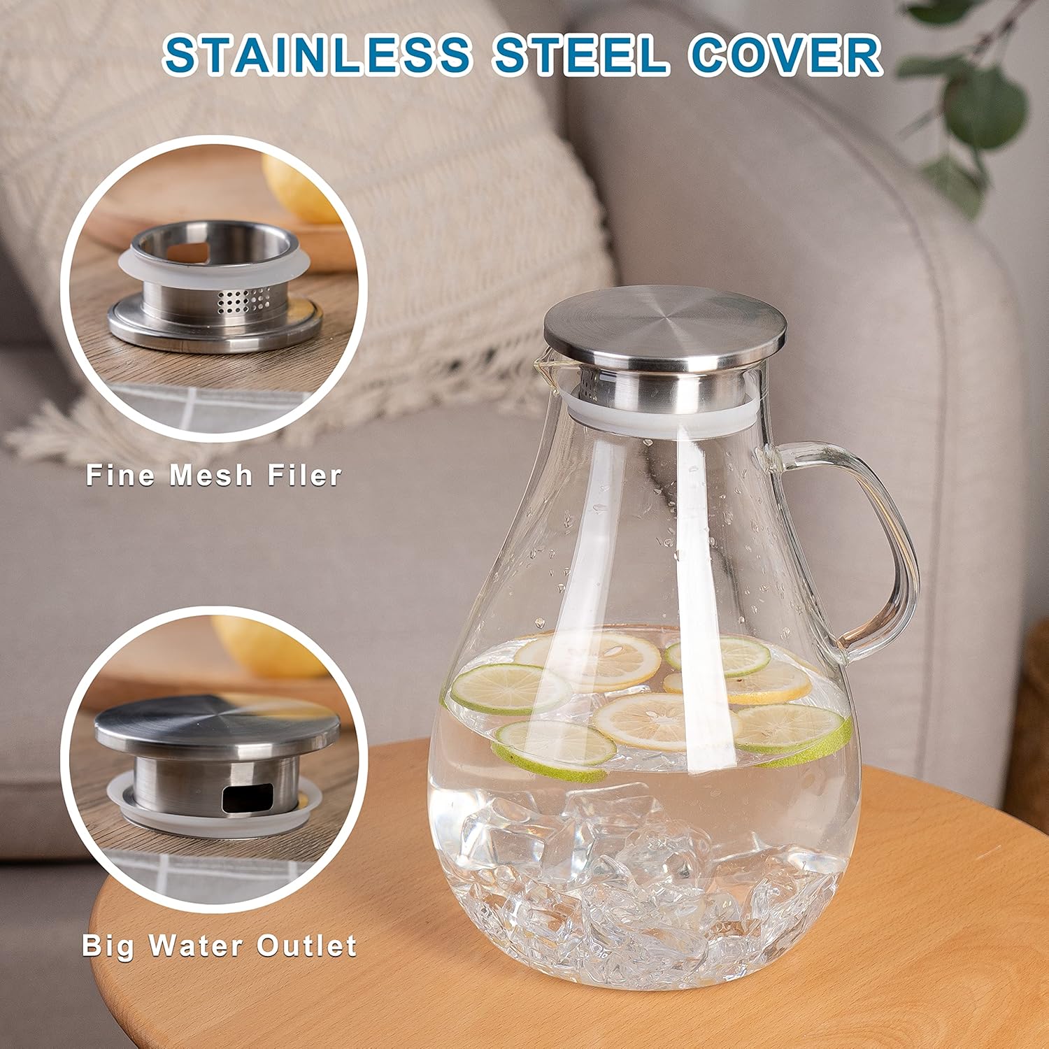 Glass Pitcher with Lid,3000ml - Hot/Cold Water Jug, Juice and Iced Tea Beverage Carafe - Image 2