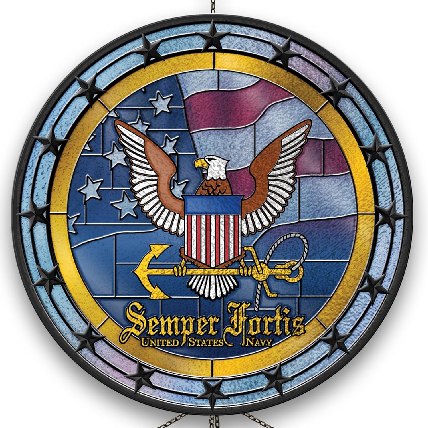 The Bradford Exchange U.S. Navy Stained Glass Wind Chime Featuring The U.S. Navy Emblem And 8 Ombre-Finished Metal Chimes