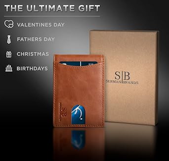 SERMAN BRANDS RFID Blocking Slim Bifold Genuine Leather Minimalist Front Pocket Wallet for Men with Money Clip Thin Gift, Dark Caramel 1.s, Slim, RFID Wallet