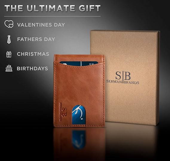 SERMAN BRANDS RFID Blocking Slim Bifold Genuine Leather Minimalist Front Pocket Wallet for Men with Money Clip Thin Gift, Dark Caramel 1.s, Slim, RFID Wallet