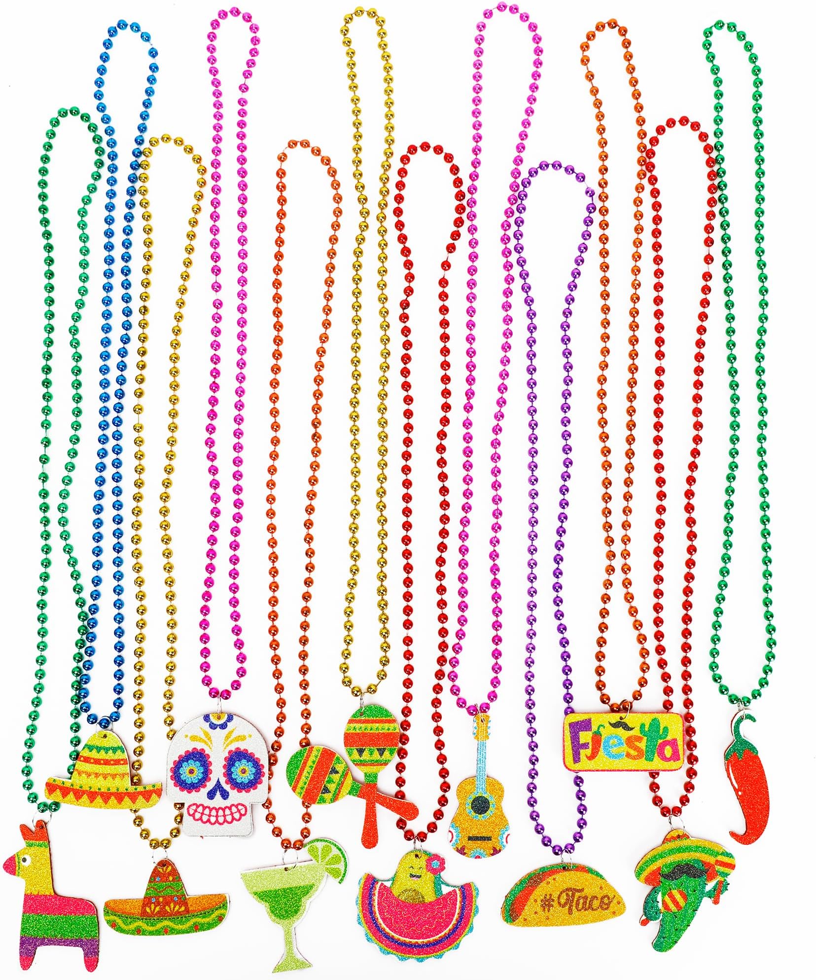 Cinco de Mayo Party Favors, 12PCS Fiesta Necklace Bead Favors, Mexican Metallic 12 Kinds of Cinco de Mayo Necklace Decorations, Fiesta Cactus Maracas Accessories for Mexican Carnival Party Supplies