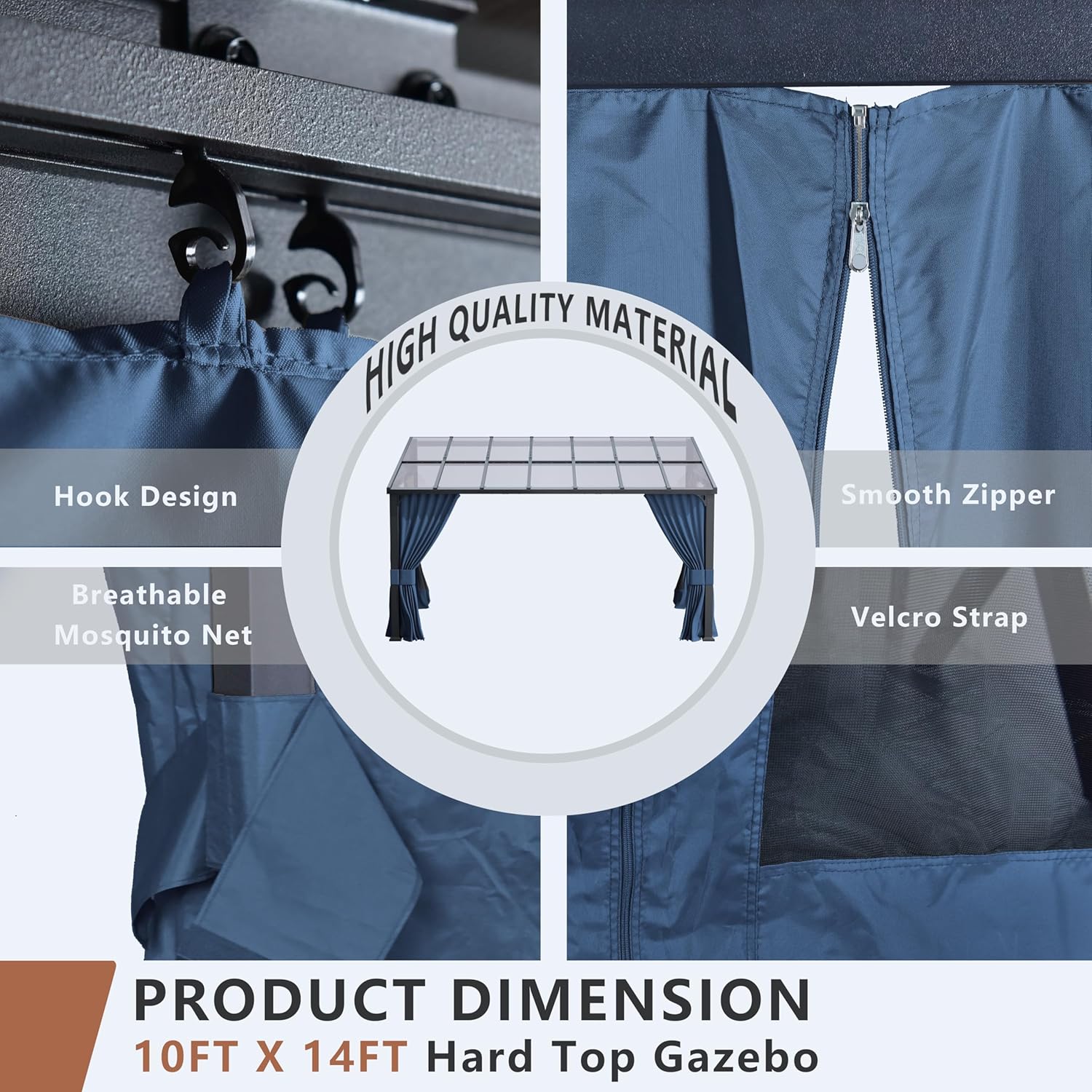 Close-up details of the curtain hook design, smooth zipper, breathable mosquito net, and velcro strap