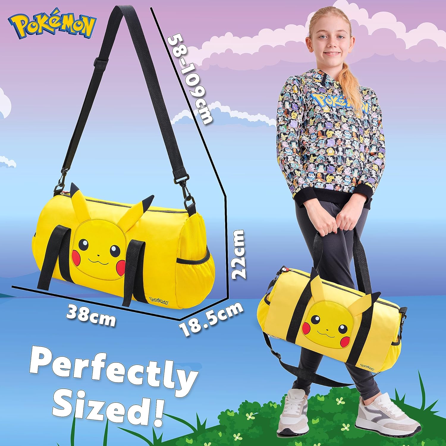 Pokemon Pikachu Duffel Kids Travel Bag - Gym Sports Overnight Holdall with Adjustable Strap & Pockets