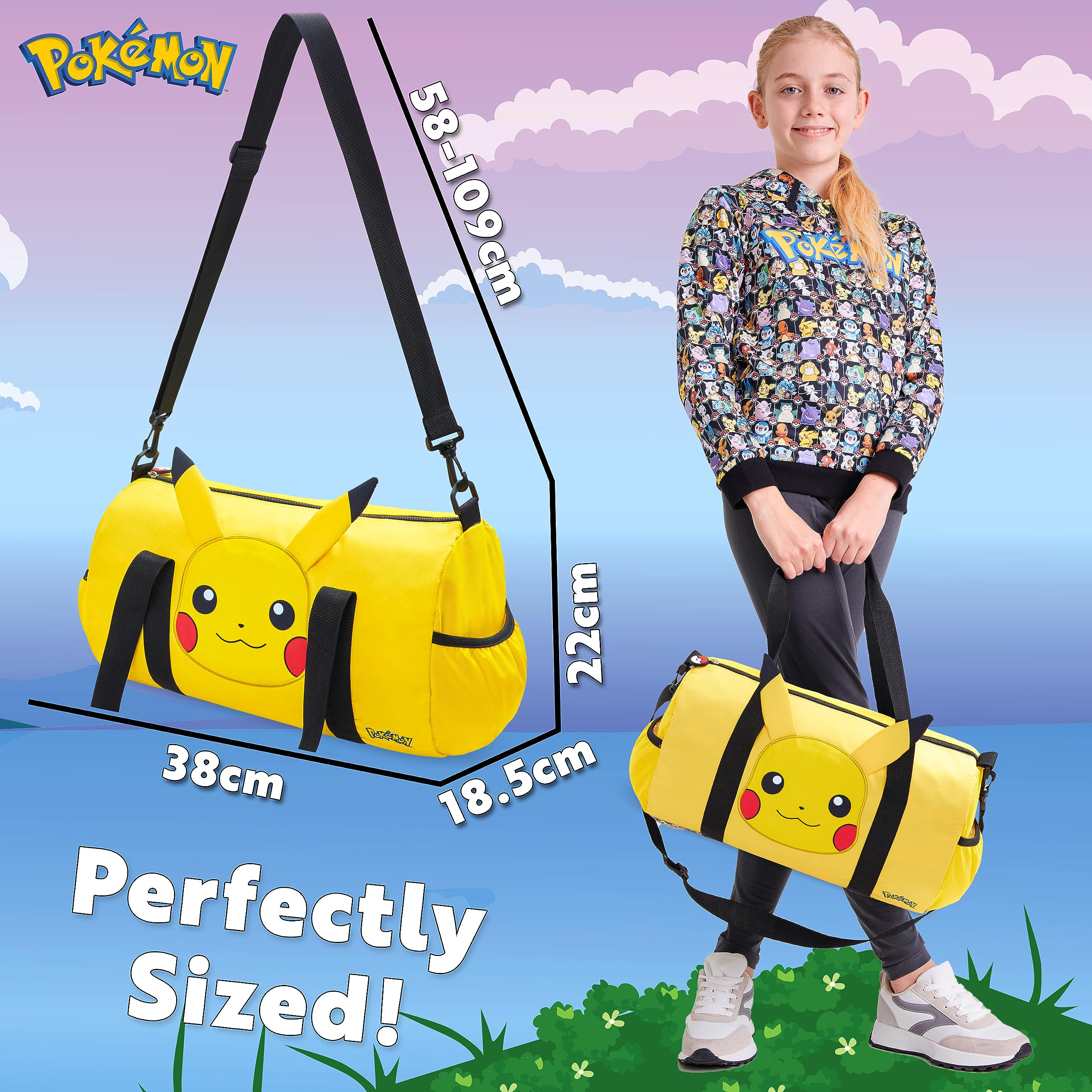 Pokémon Torba Podróżna dla Dzieci - Gimnastyczna, Przez Noc, Sportowa, Pikachu Football Kit Holdall - Prezenty dla Chłopców, Jeden Rozmiar, Żółte Uszy 3D