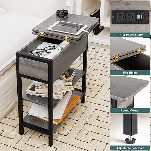 Yoobure End Table with Charging Station, Flip Top Side Table with USB Ports and Outlets, Sofa Couch Table Bedside Table for Living Room Bedroom, Narrow Nightstand with Storage Shelves for Small Space thumbnail 4