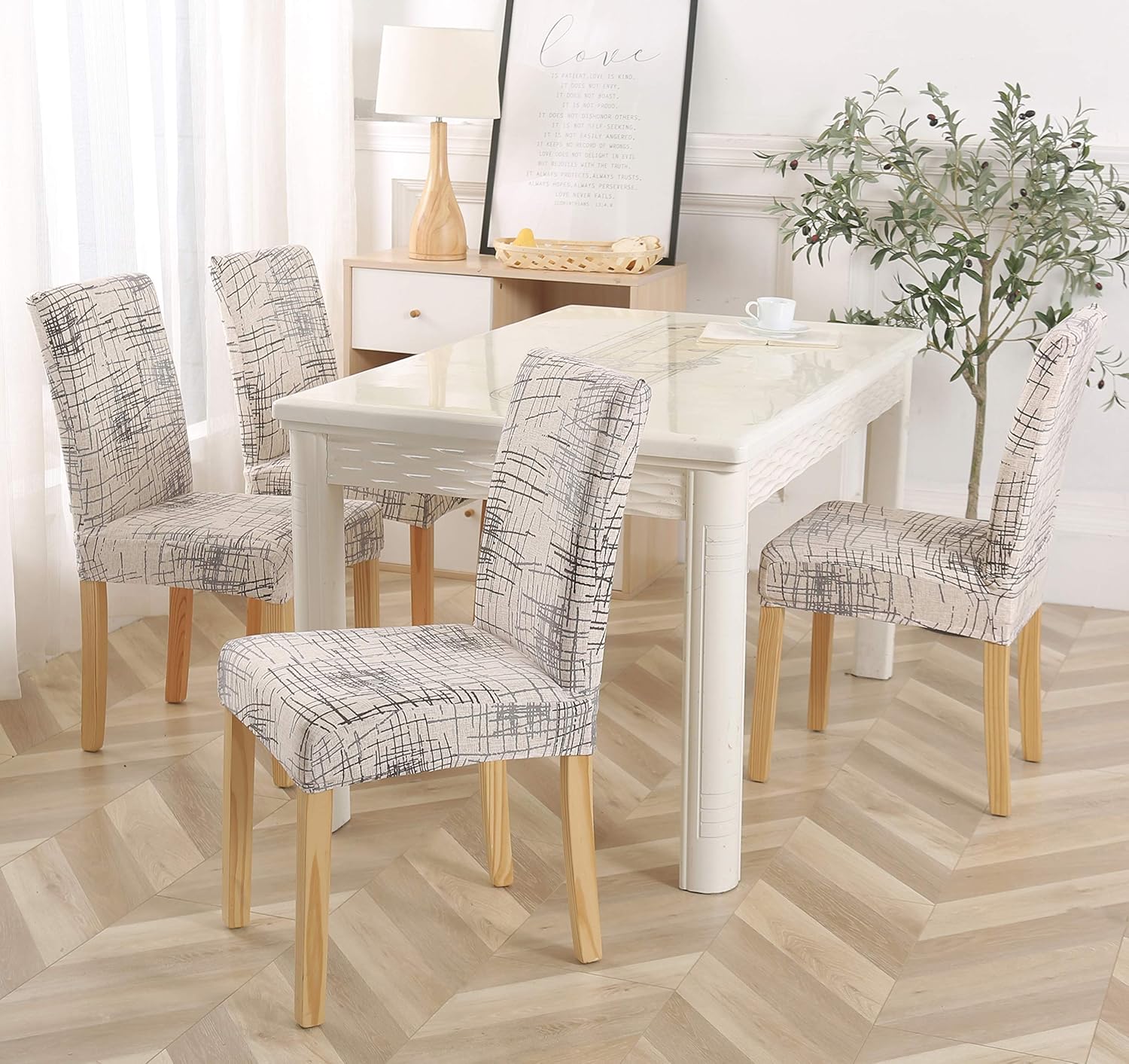 4 x Soft Spandex Fit Stretch Short Dining Room Chair Covers with Printed Pattern, Banquet Chair Seat Protector Slipcover for Home Party Hotel Wedding Ceremony
