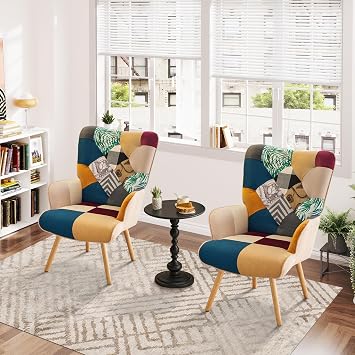 Accent Chair, Living Room Chair, Modern High Back Armchair, Colorful Patchwork Reading Chairs for Bedroom, Lounge Chair with Linen Fabric Shell and Solid Wood Feets 2, Colorful