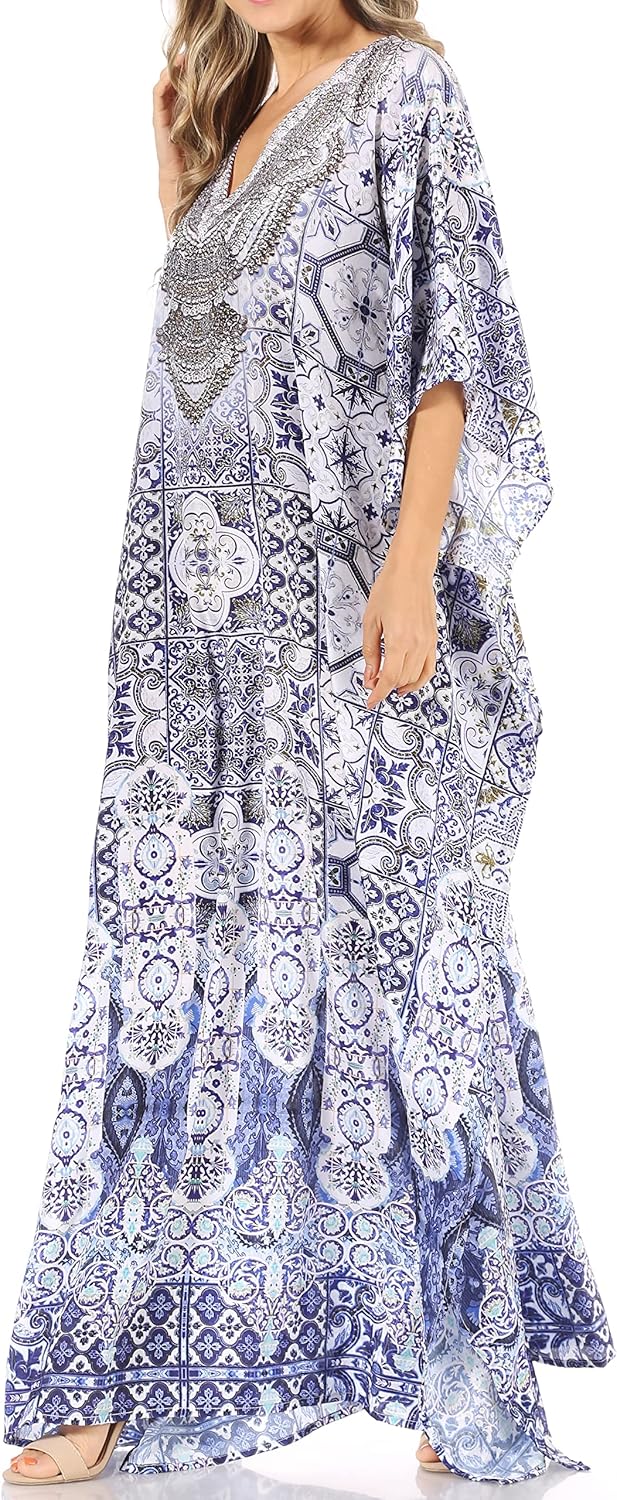Sakkas Anahi Flowy Design V Neck Long Caftan Dress/Cover Up with Rhinestone