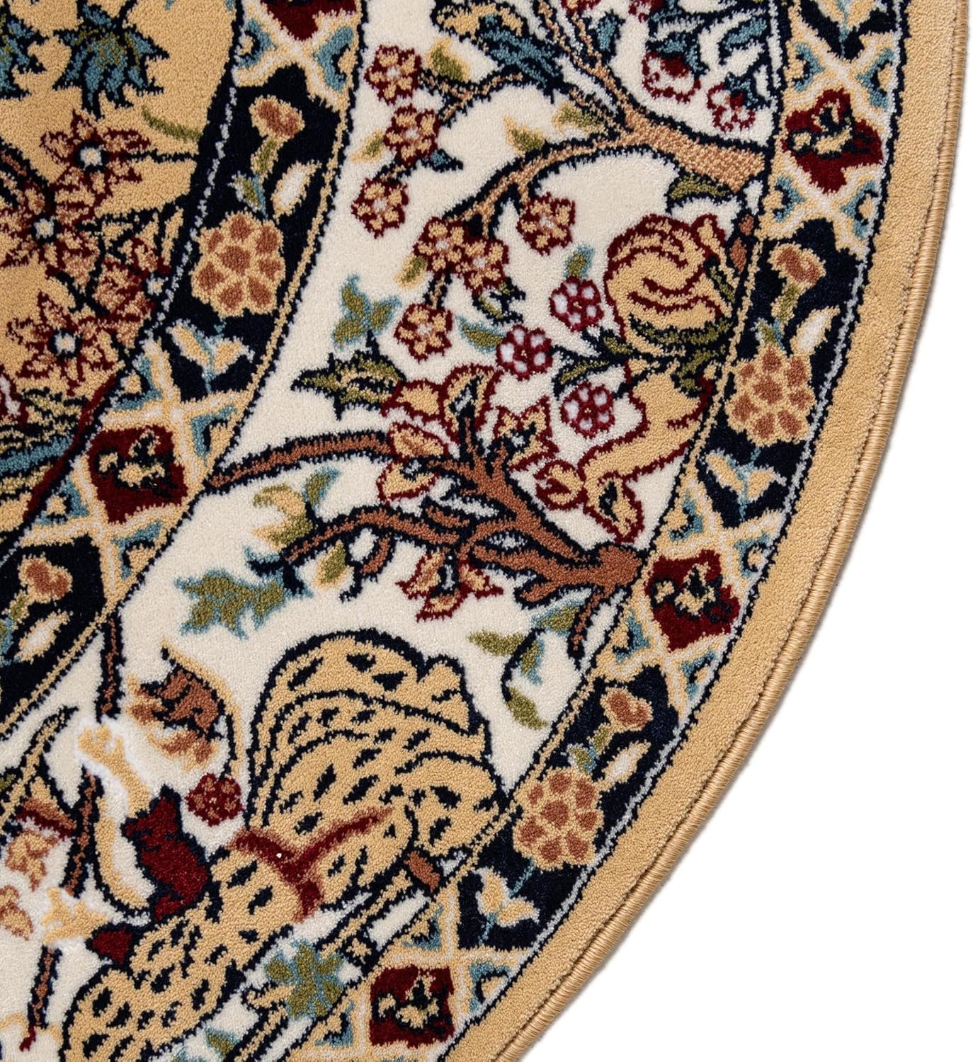 Round Tan and Blue Synthetic Stain-Resistant Area Rug