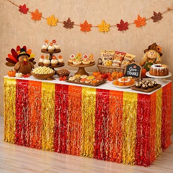 OHOME Friendsgiving Party Decorations - 2 Pack Table Skirts for Fall Decor | Thanksgiving Table Decor for Indoor Outdoor | Friendsgiving Decorations Favors Supplies