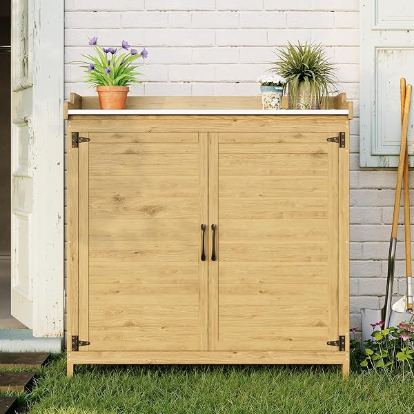 Blishom Table d'extérieur pour Plantes, Table de Jardin avec Plan de Travail imperméable, Table de Travail en Bois avec 1 étagère réglable, 48x98x95 cm. (Naturel) - 4