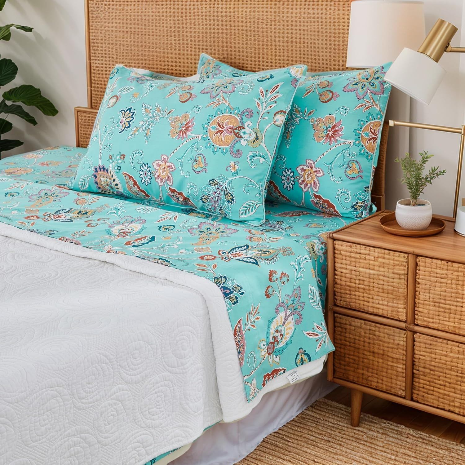 Brandream Luxury Paisley Sheet Set King Size Bedding Bohemian Floral Bed Sheets Vintage Bedding Collections 800 Thread Count 100% Egyptian Cotton Deep Pocket, Teal Blue Green, 4 Pieces