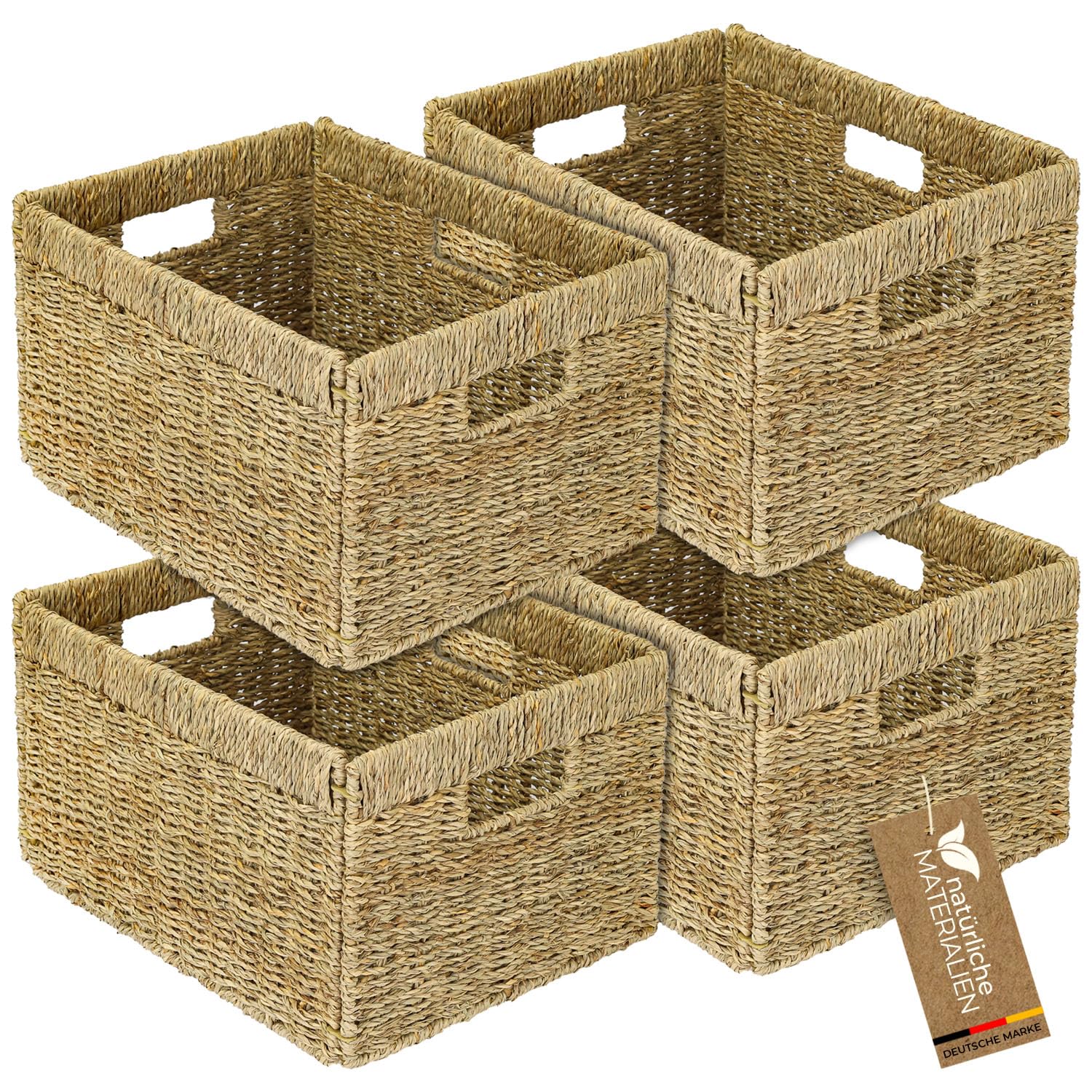 HMF Aufbewahrungskorb passend für Billy Regal, Korb geflochten aus Seegras mit drei Griffen 4er Set | 35 x 25 x 20 cm | Natur