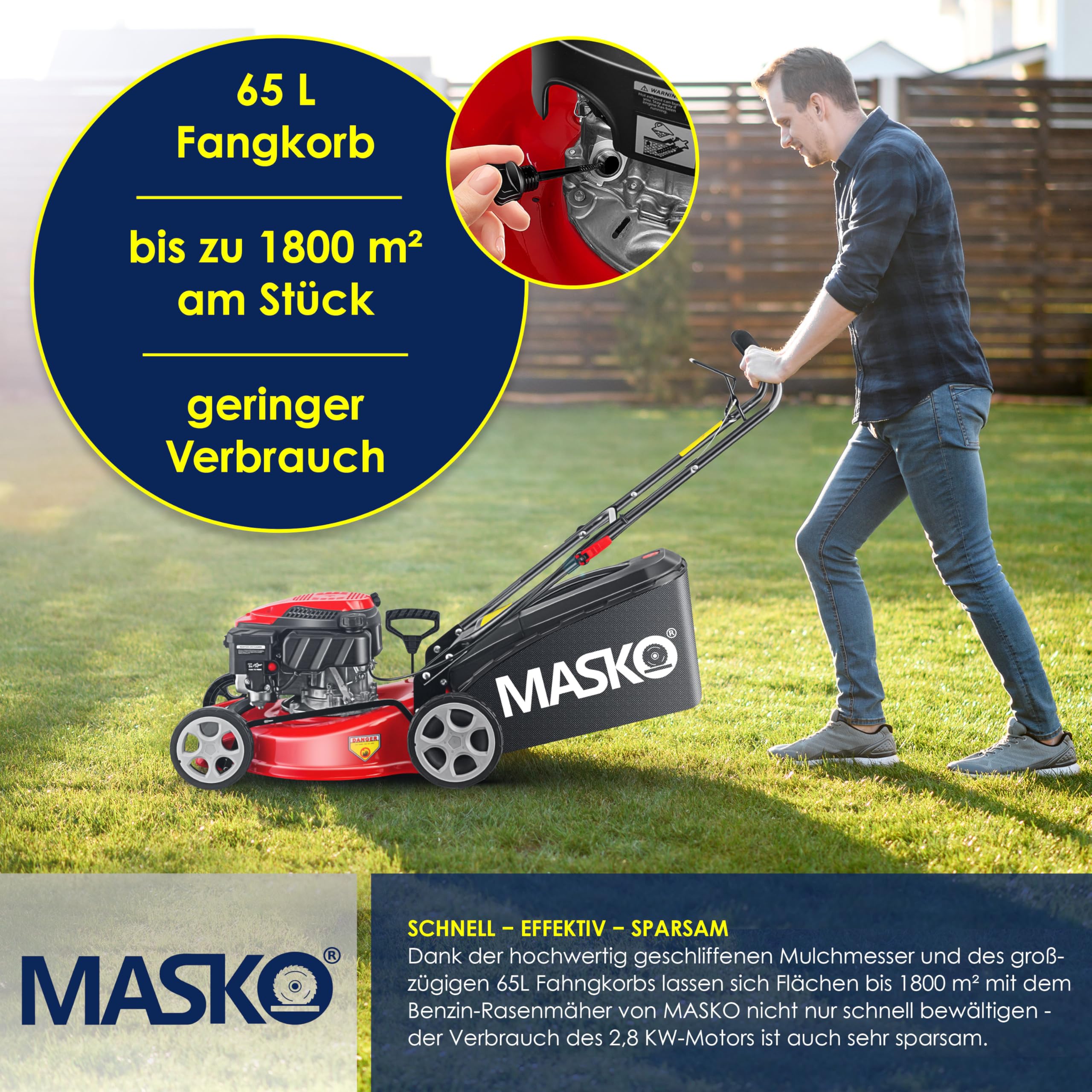 MASKO® Cortacésped de Gasolina, 5 en 1, accionamiento de Ruedas, función de Limpieza, función de mantillo, expulsión Lateral, Ancho de Corte 8 Veces, Ajuste de Altura de Corte, Motor de 4 Tiempos
