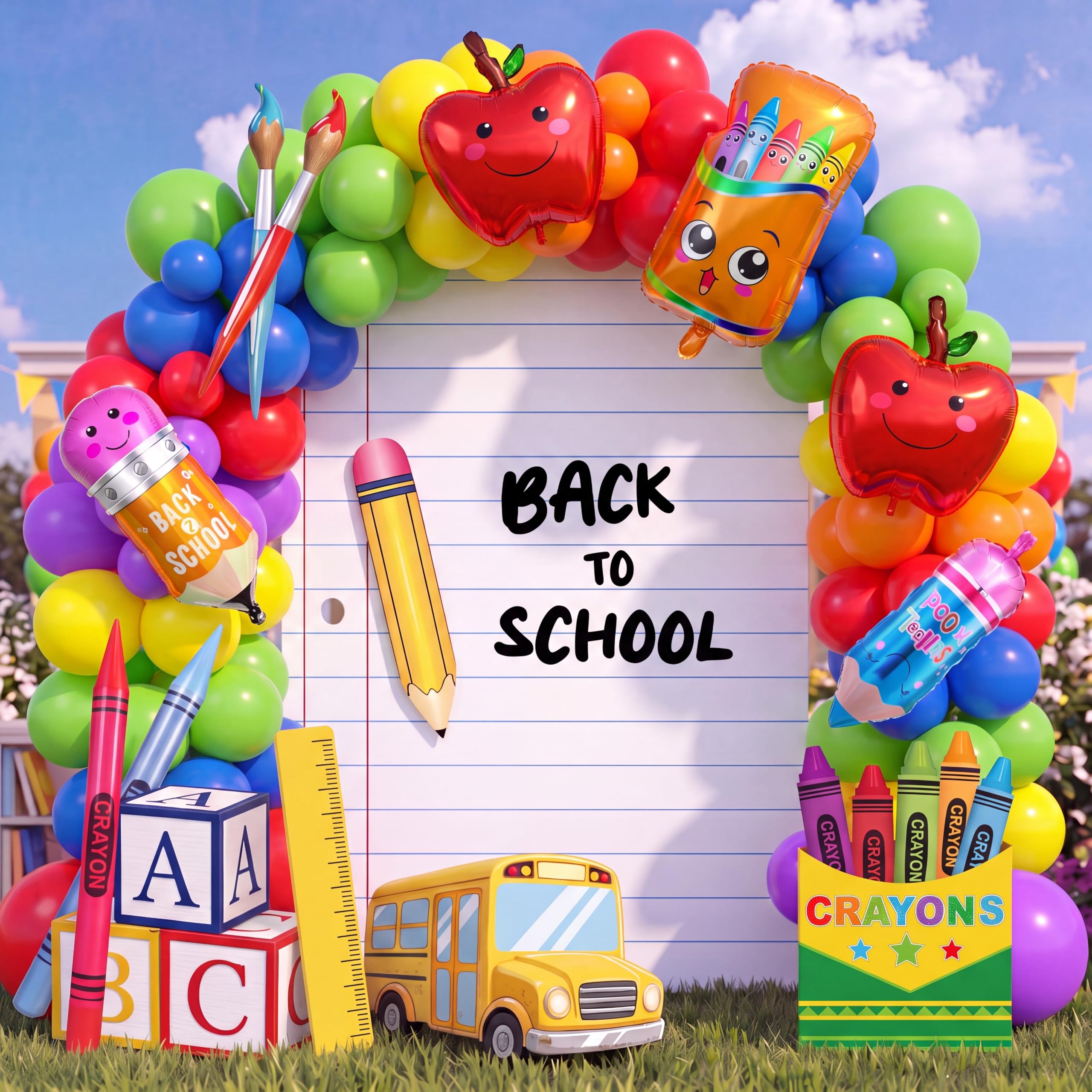 Kit de arco de guirnalda de globos para el regreso a la escuela, 168 piezas, con telón de fondo, globos arcoíris, globos de aluminio, cajas de autobús ABC, decoración de crayones inflables para