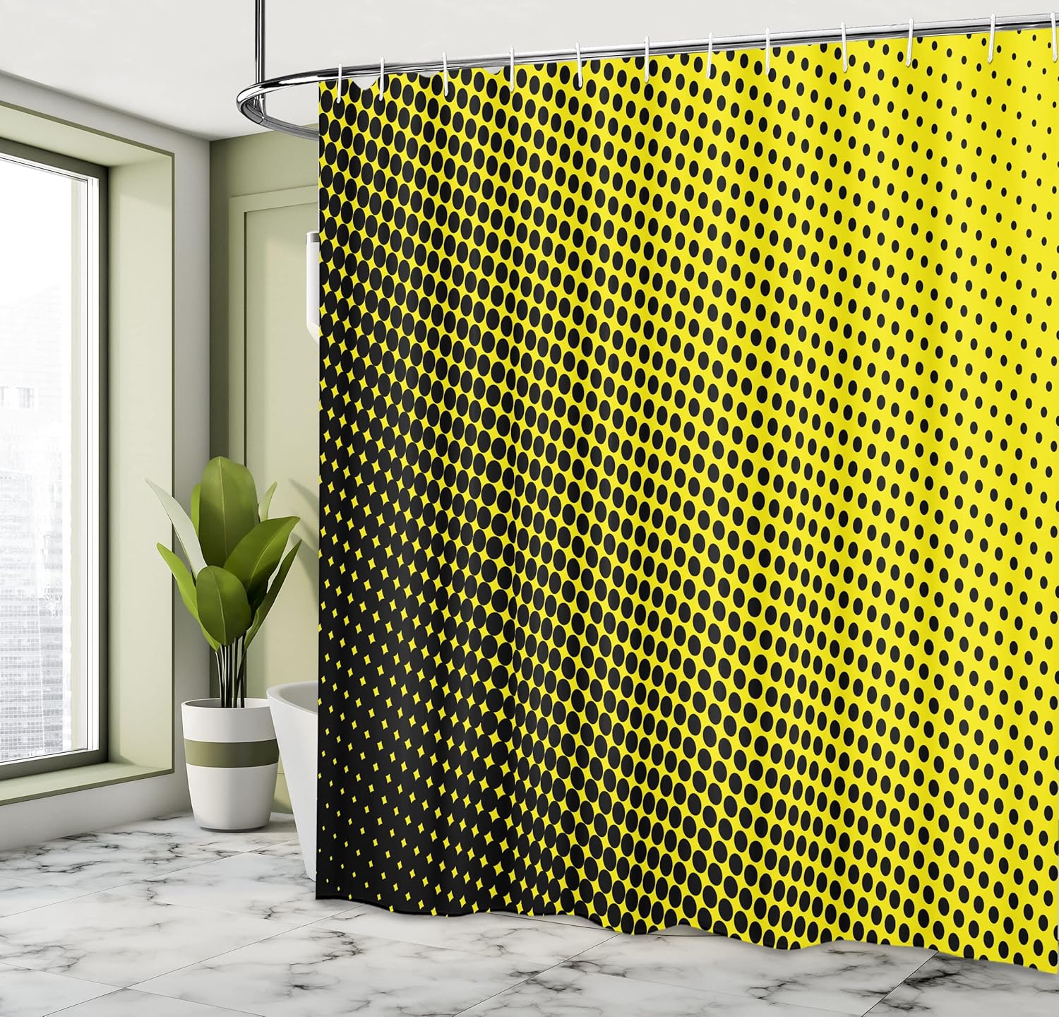 Ambesonne Yellow Shower Curtain, Ombre Pattern Background Dots from Big to Small Art Geometric Arrangement, Cloth Fabric Bathroom Decor Set with Hooks, 69" W x 70" L, Yellow and Black