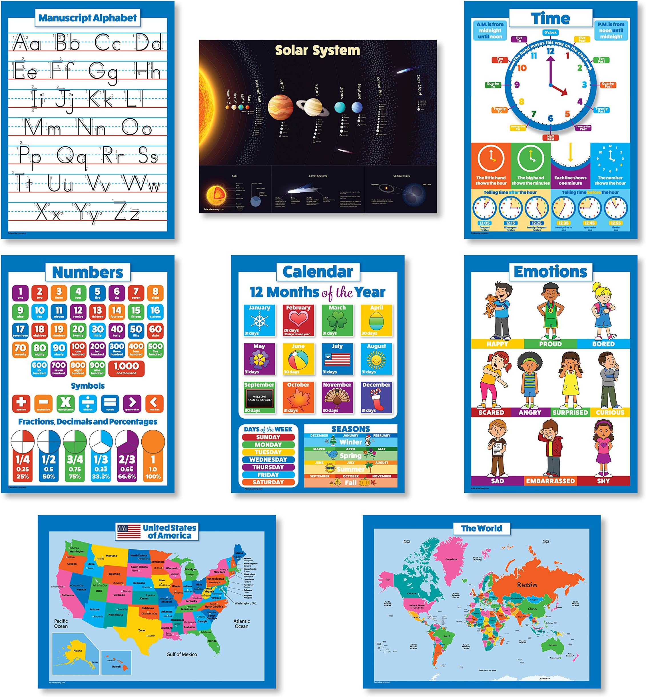 8 Educational Wall Posters For Kids - ABC - Alphabet, Solar System, USA Map, World Map, Numbers 1-100 +, Days of the Week, Months of the Year, Emotions, Time | Preschool Learning Charts (PAPER) Poster – January 1, 2017