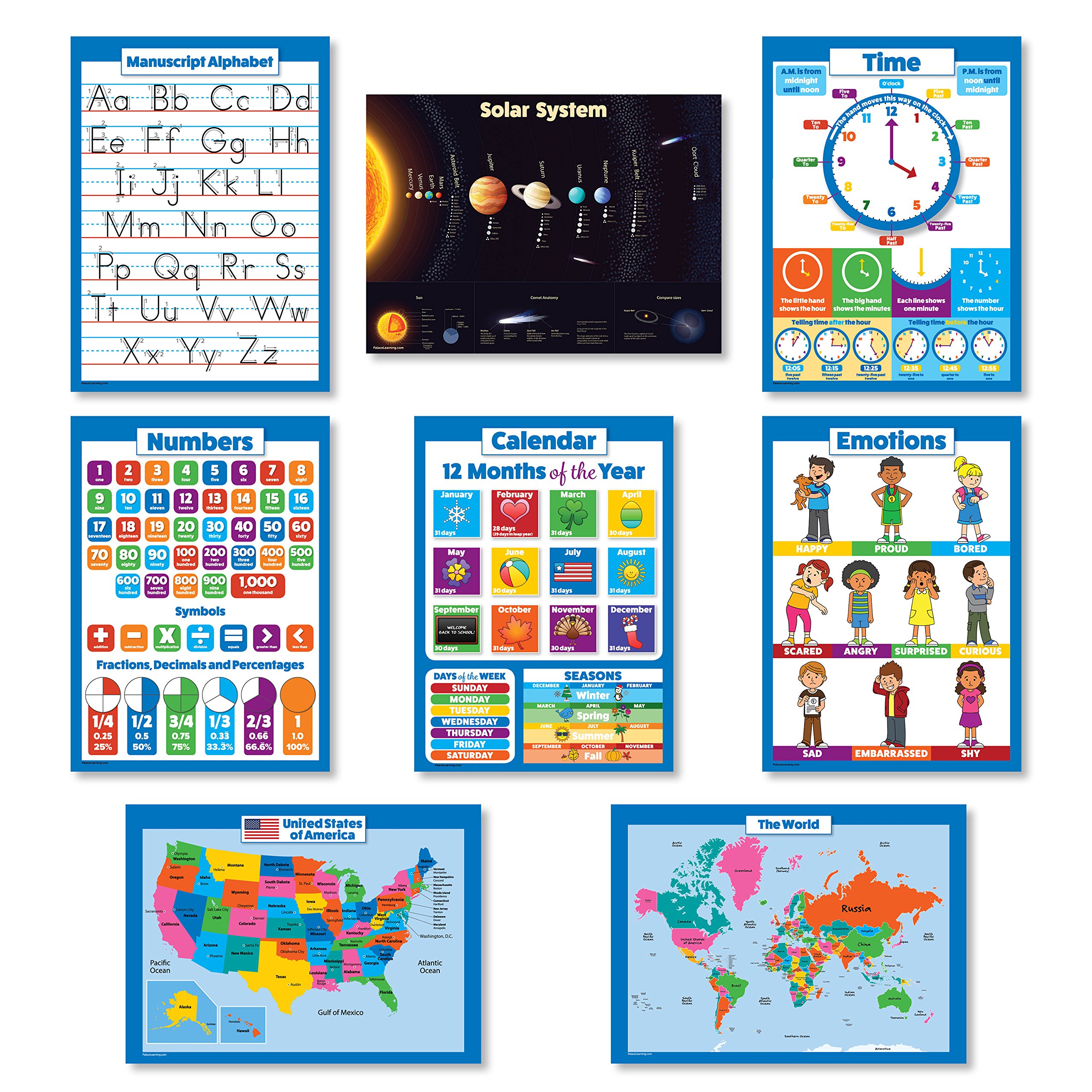 8 Educational Wall Posters For Kids - ABC - Alphabet, Solar System, USA Map, World Map, Numbers 1-100 +, Days of the Week, Months of the Year, Emotions, Time | Preschool Learning Charts (PAPER) Poster – January 1, 2017