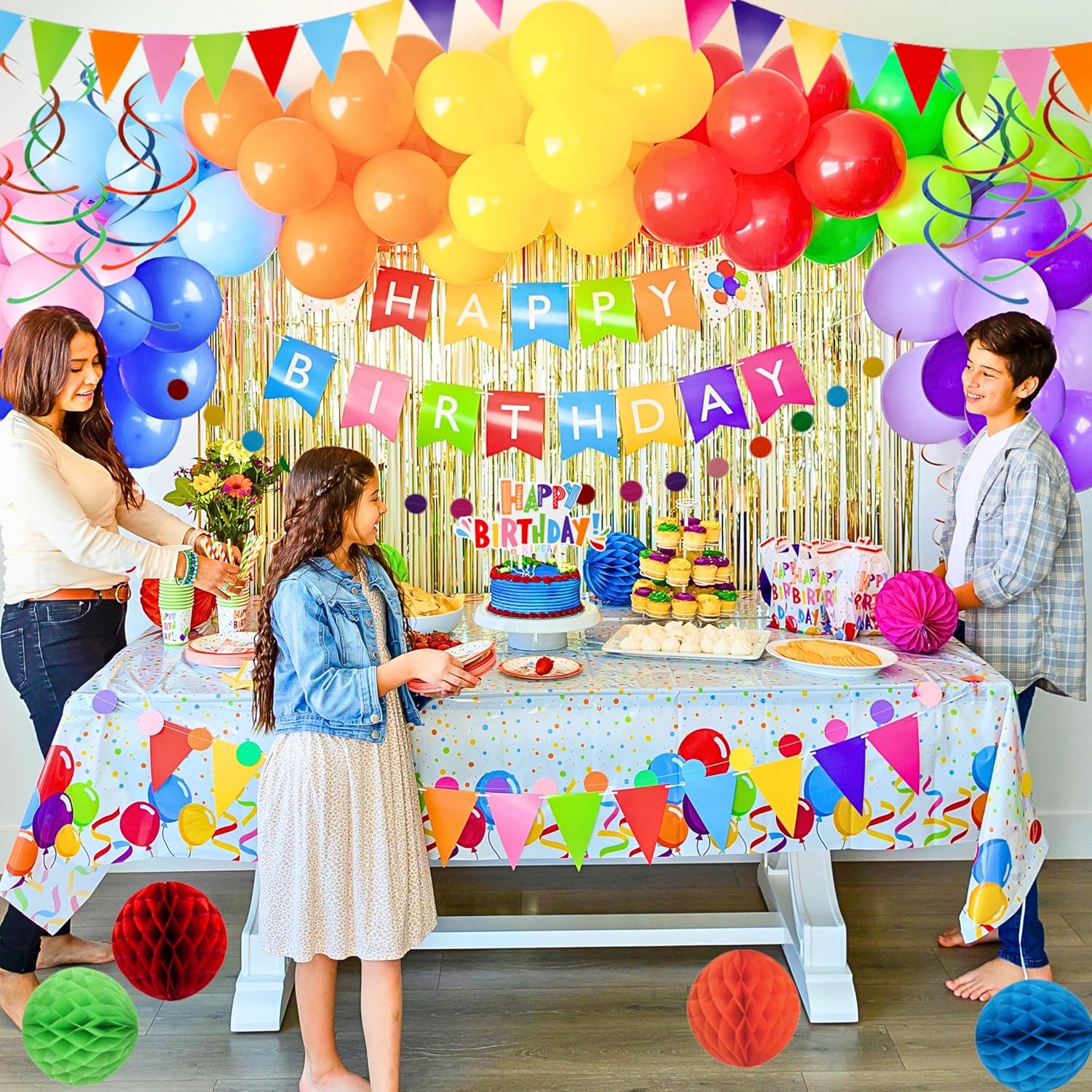 275 PC Colorful Birthday Party Decorations for Boy, Girl- Rainbow Party Supplies, Happy Birthday Banner, Balloons Garland Arch Kit Tablecloth Honeycomb Cake Topper Plates Cups Napkins Straws, 25 Guest - Image 4