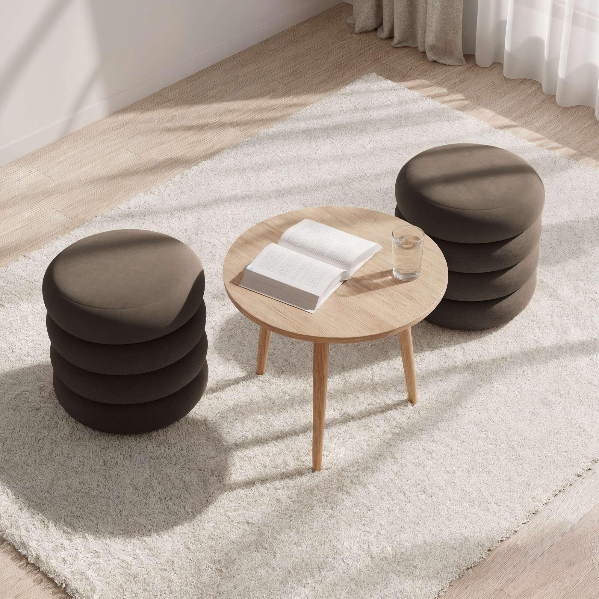 AKORD Tabouret en Velours avec Rangement SNUGGO 42 cm, Rond Ottoman, Rembourré, Repose-Pieds, 42 x 44,5 x 42 cm, pour Entrée Salon Chambre à Coucher, Coiffeuse, Marron