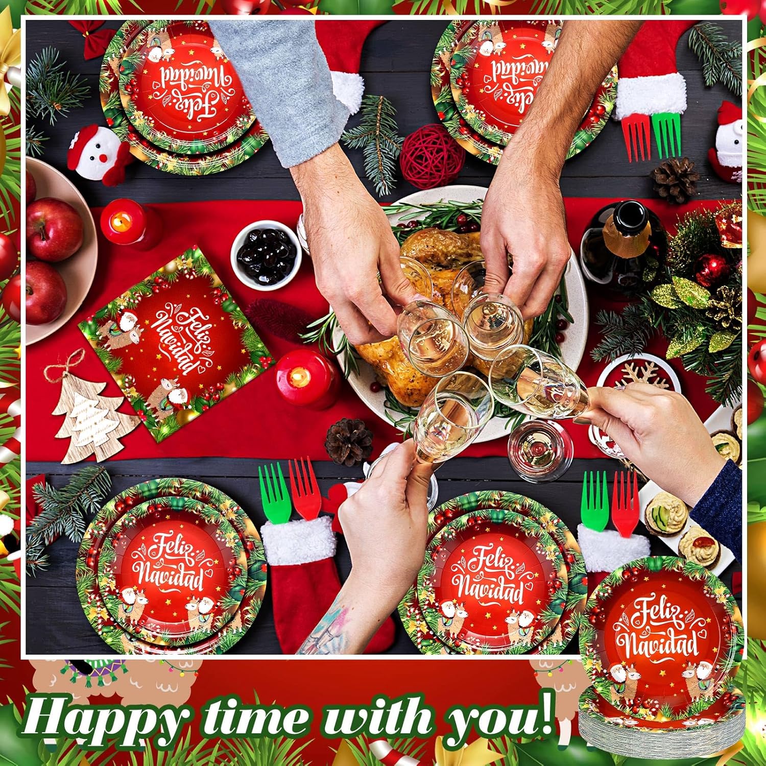 Qinyoung 96 Pcs Feliz Navidad Party Decorations Mexican Christmas Paper Plates and Napkins Set Feliz Navidad Dinner Dessert Tableware Red and Green Serve 24 Guests for Spanish Christmas Party Supplies