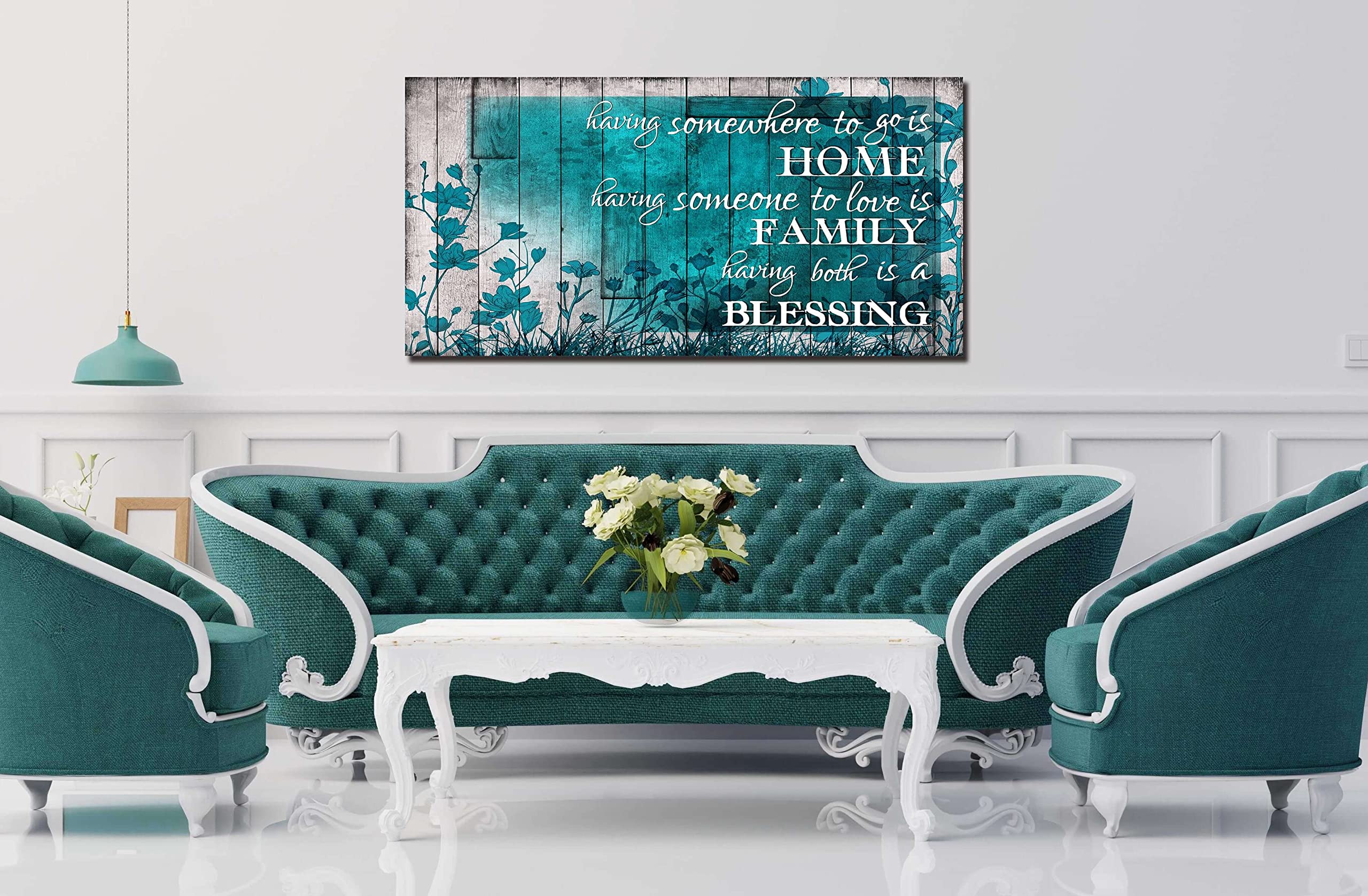 LAOTOART Large Inspirational Wall-Art for Living Room - Teal Flower ...