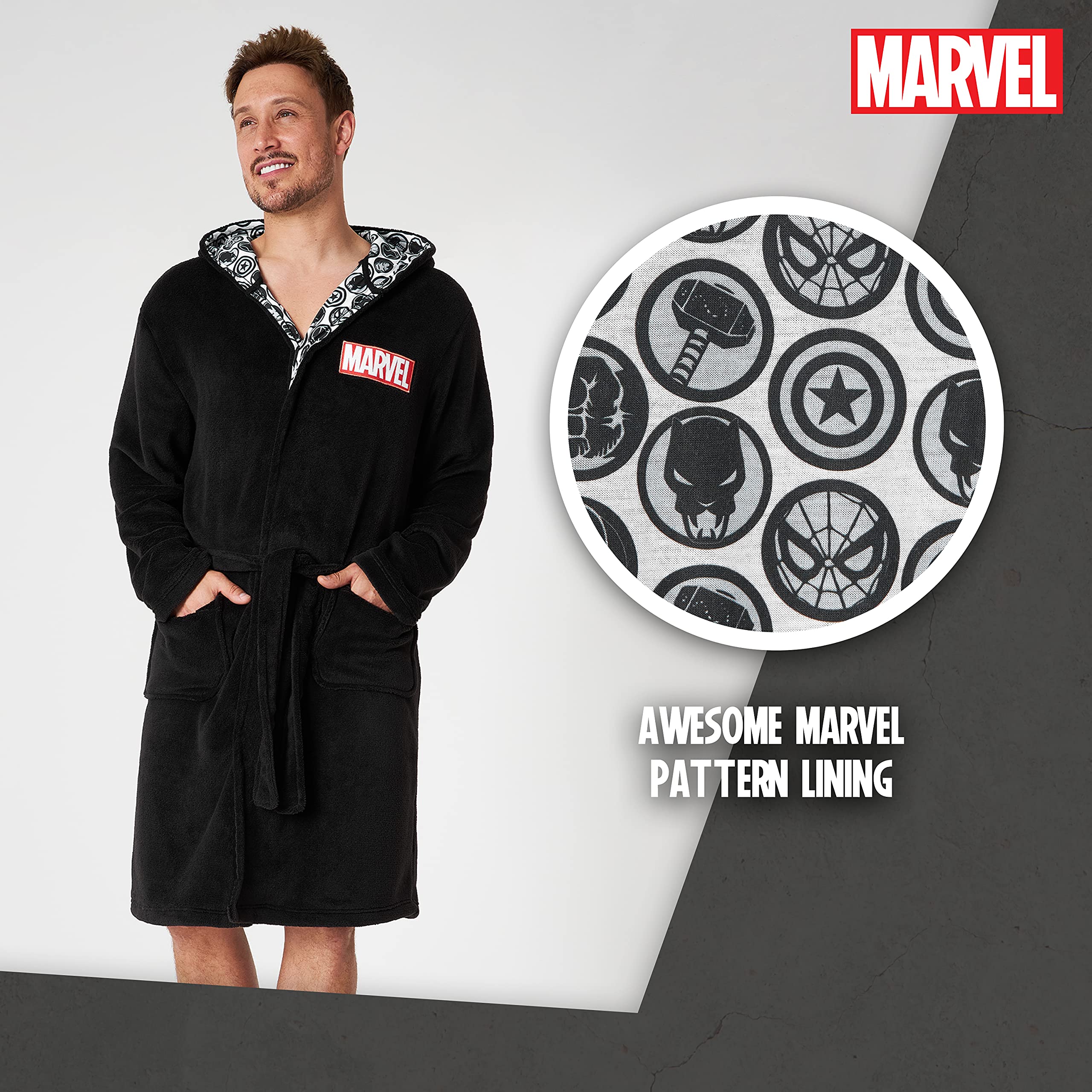 Marvel Szlafrok męski, puszysty, polarowy, szlafrok poranny, męski z kapturem, czarny, L