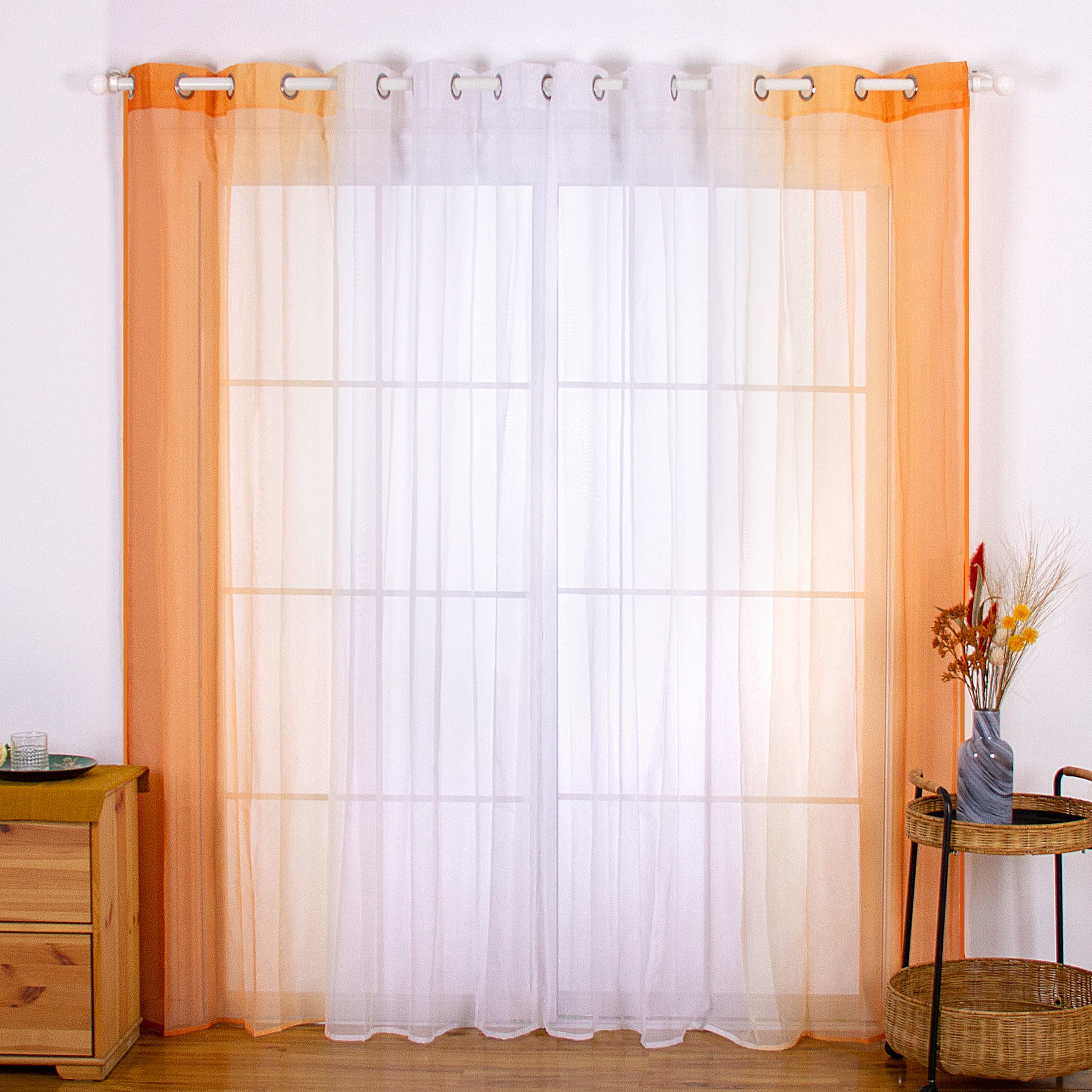 SIMPVALE 2 Pezzi Tende Trasparente - Tenda in Voile di Colore Stile Sfumato per Camera da letto Soggiorno Balcone, Arancione con bianco, 140x245cm