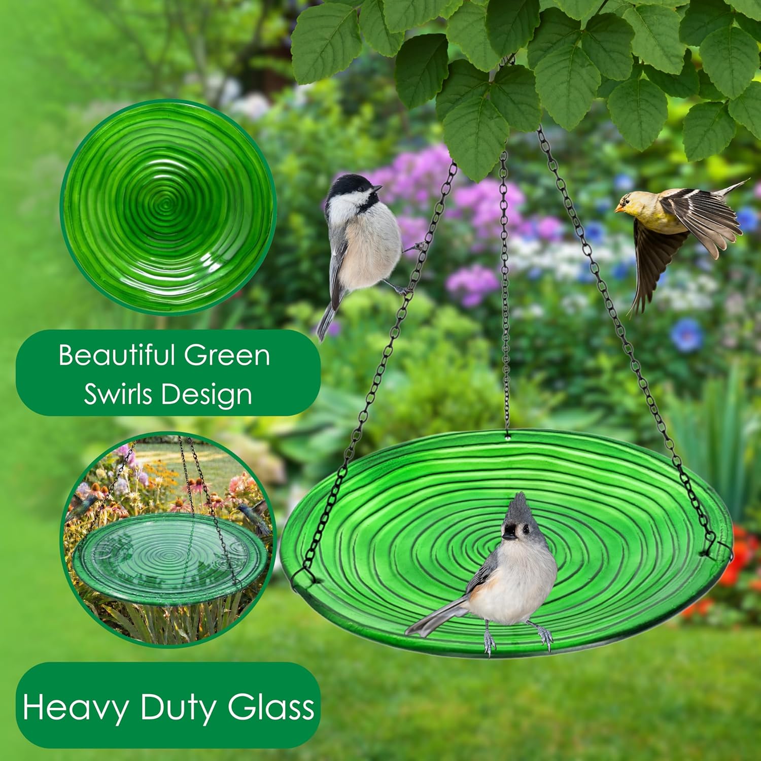 Songbird Essentials Hunter Green Swirls Glass Birdbath, Hanging Bird Bath with Black Metal Chain and Hook for Outdoor Décor