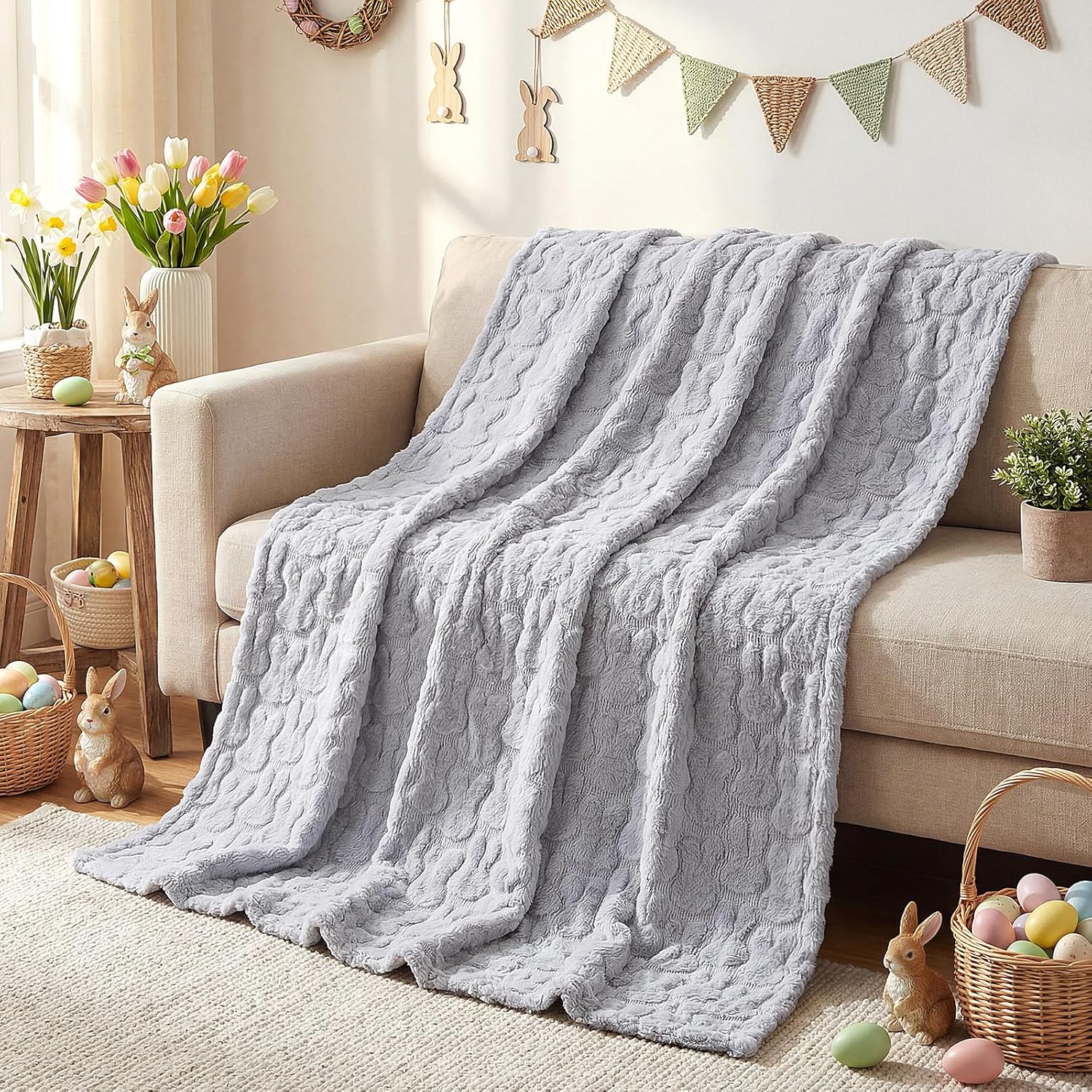 Moukeren Spring Easter Bunny Throw Blanket 50" x 60" - 3D Jacquard Bunny Throws, Cozy Soft Rabbit Spring Plush Easter Gifts for Living Room Couch Sofa Bed Decor(Gray)