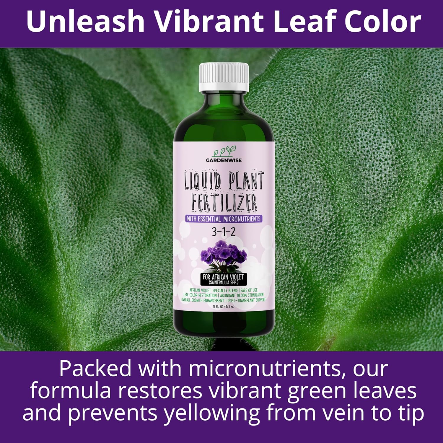 GARDENWISE 3-1-2 African Violet Fertilizer for Indoor Plants: Liquid Fertilizer with Essential Micronutrients Drops - Plant Food for African Violets (32 OZ)