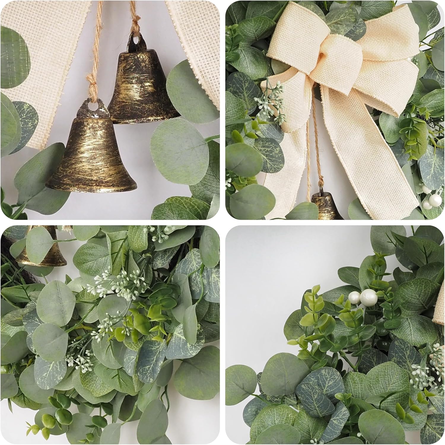 24 Inch Eucalyptus Wreath for Front Door – Modern Farmhouse Greenery with Rustic Vintage Bells & Linen Bow – Artificial Spring Summer Wreaths for Porch, Storm Door & Indoor Wall Decor