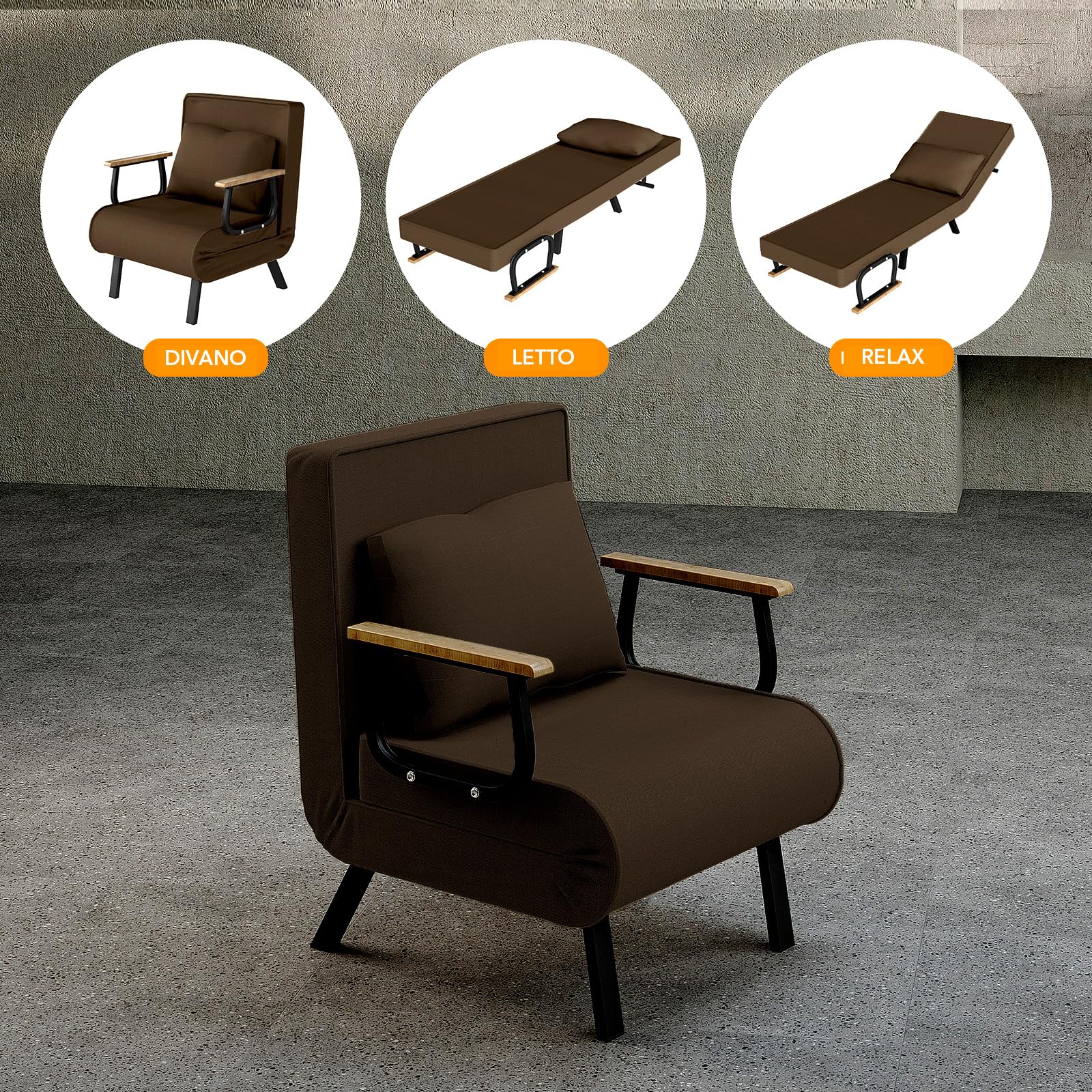 Fabulcozy Divano letto convertibile 3 in 1, poltrona regolabile 5 posizioni, fodera rimovibile in lino cotone, cuscino spesso, gambe in metallo trapezio inclinato, braccioli in legno e metallo, per